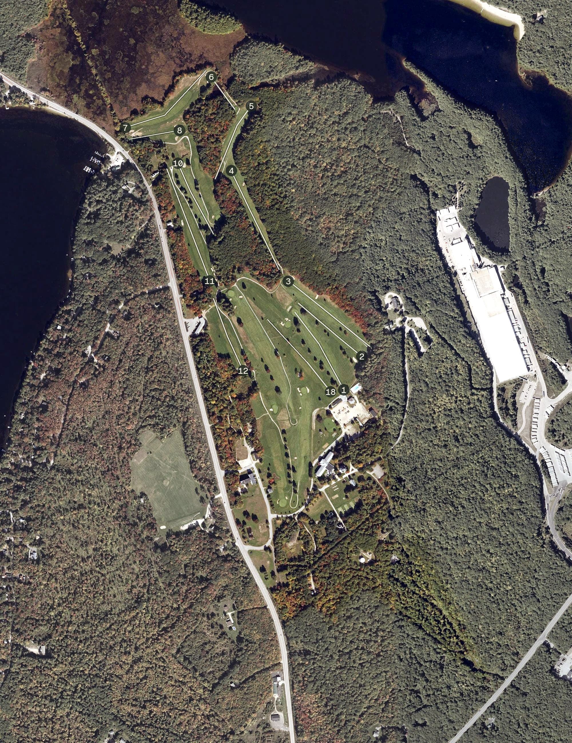 Aerial view of Poland Spring Resort, ME, with its hole routing marked