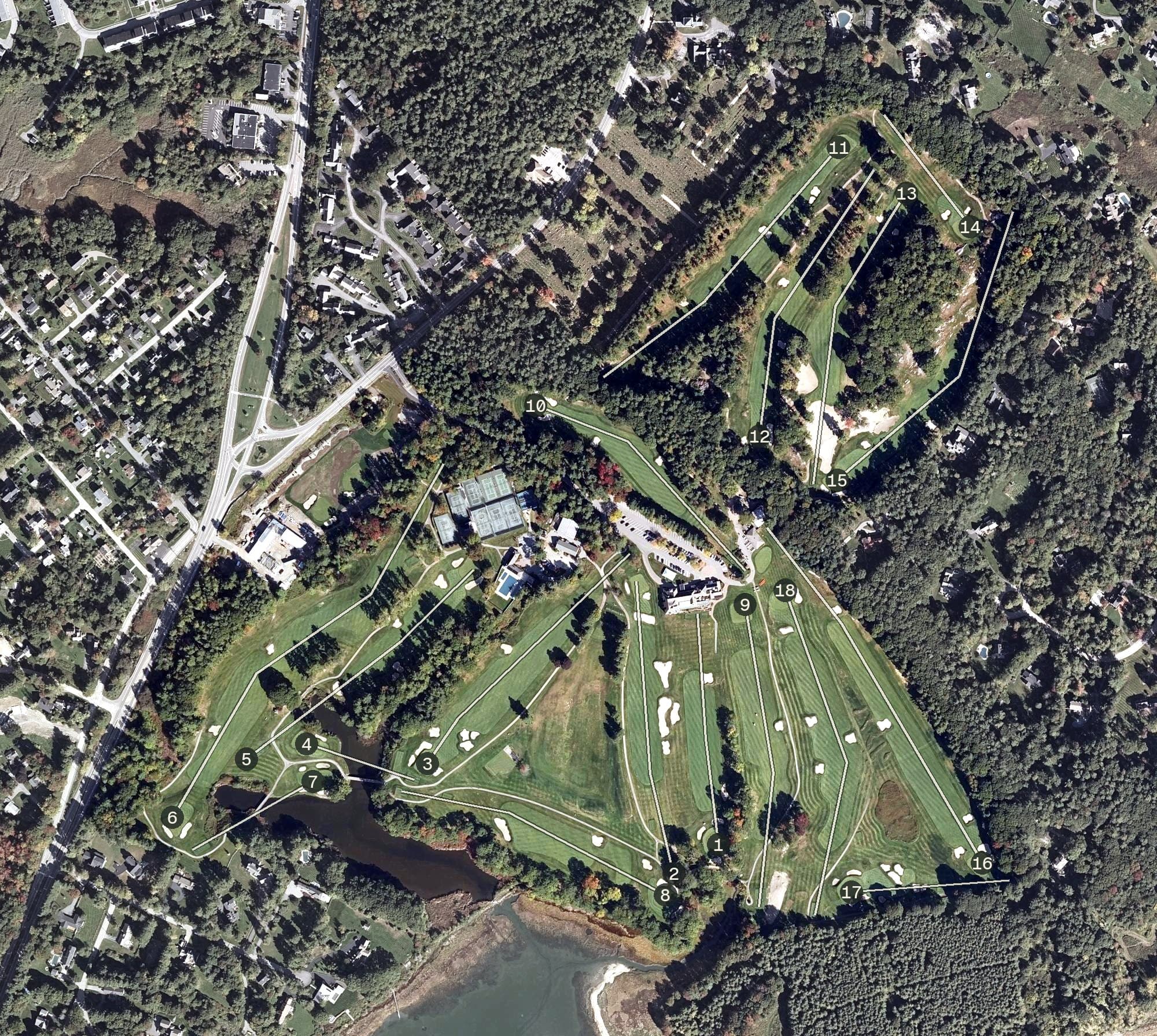 Aerial view of Portland Country Club, ME, with its hole routing marked