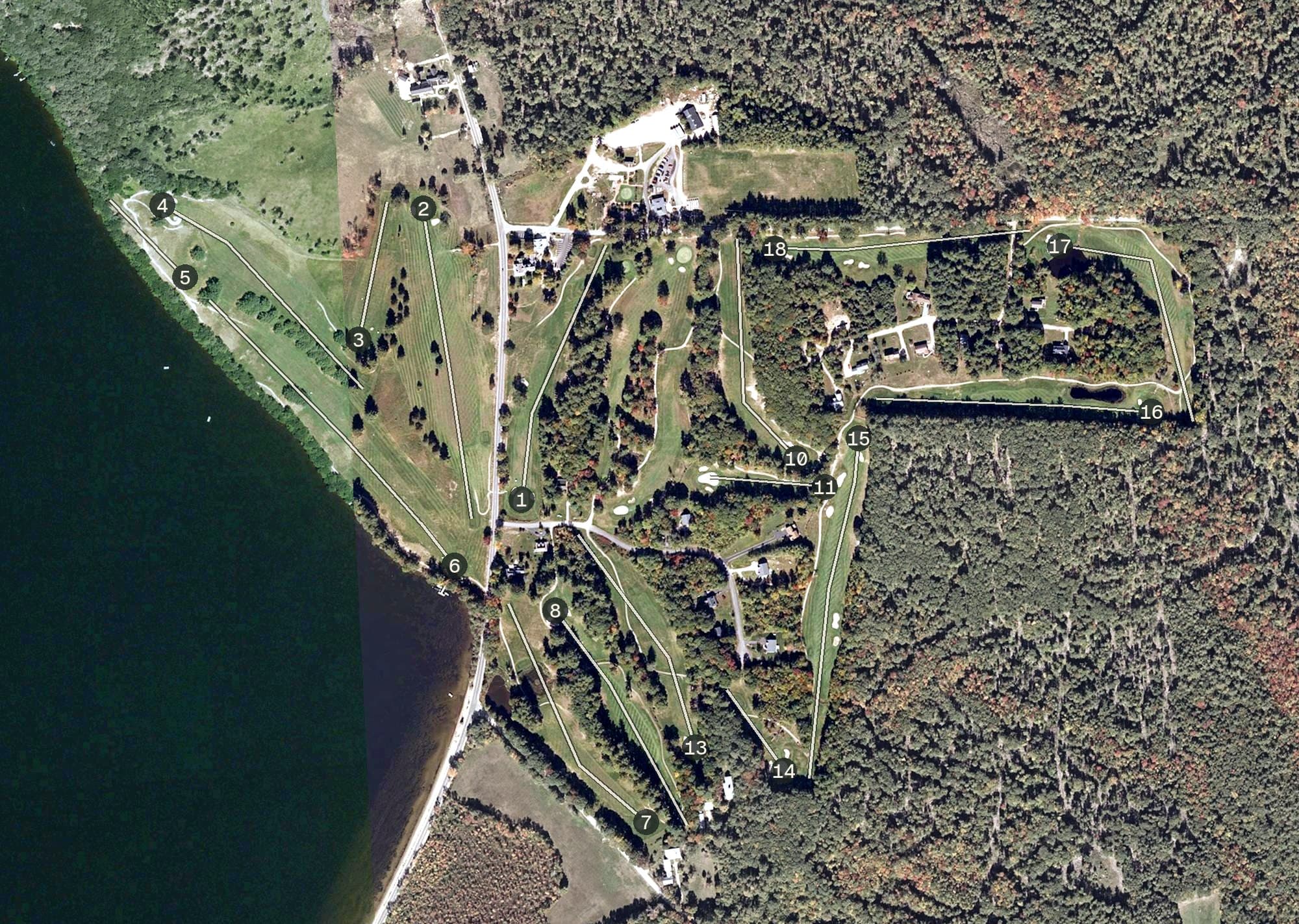 Aerial view of Province Lake Golf Course, ME, with its hole routing marked