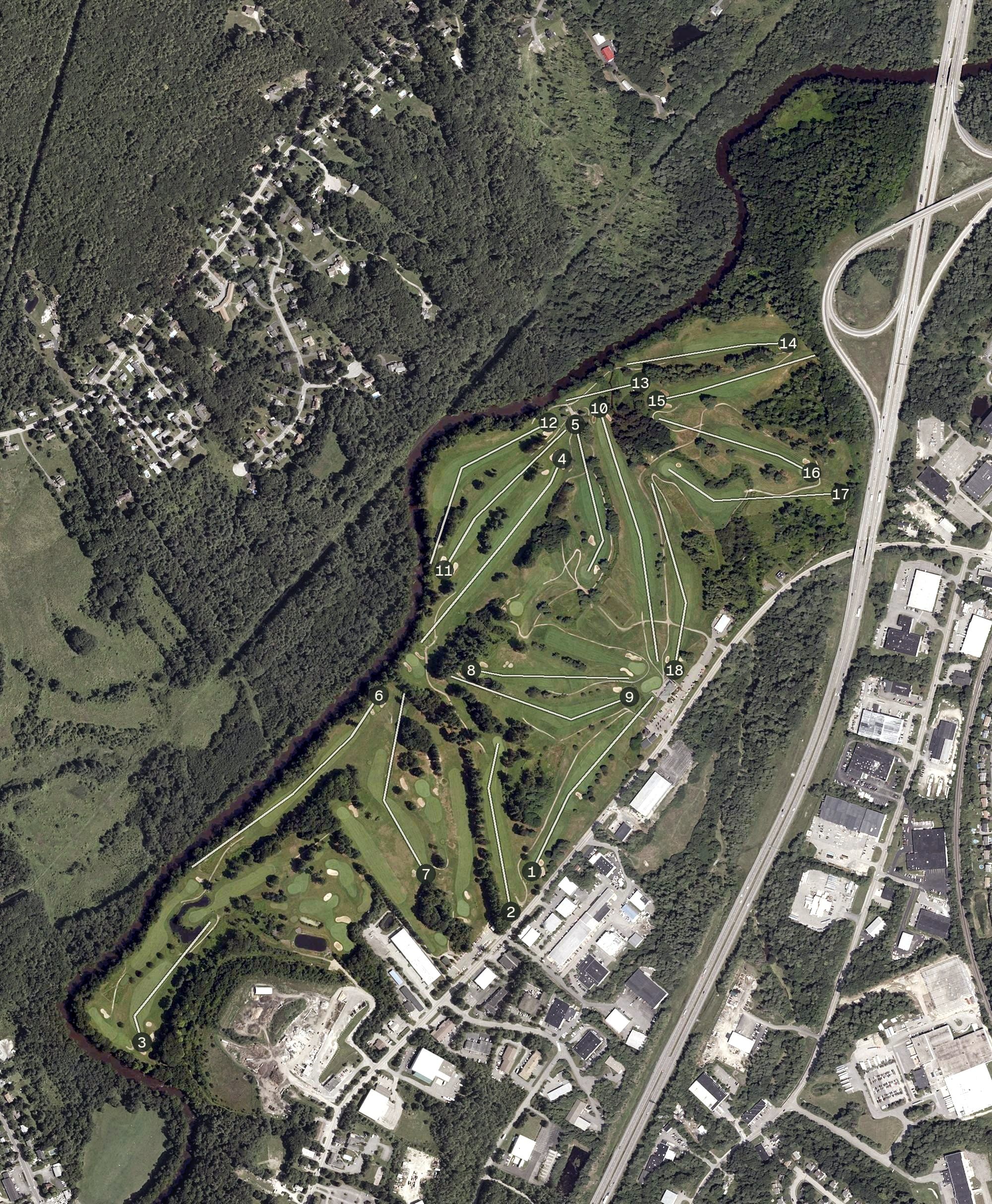 Aerial view of Riverside Golf Course, ME, with its hole routing marked