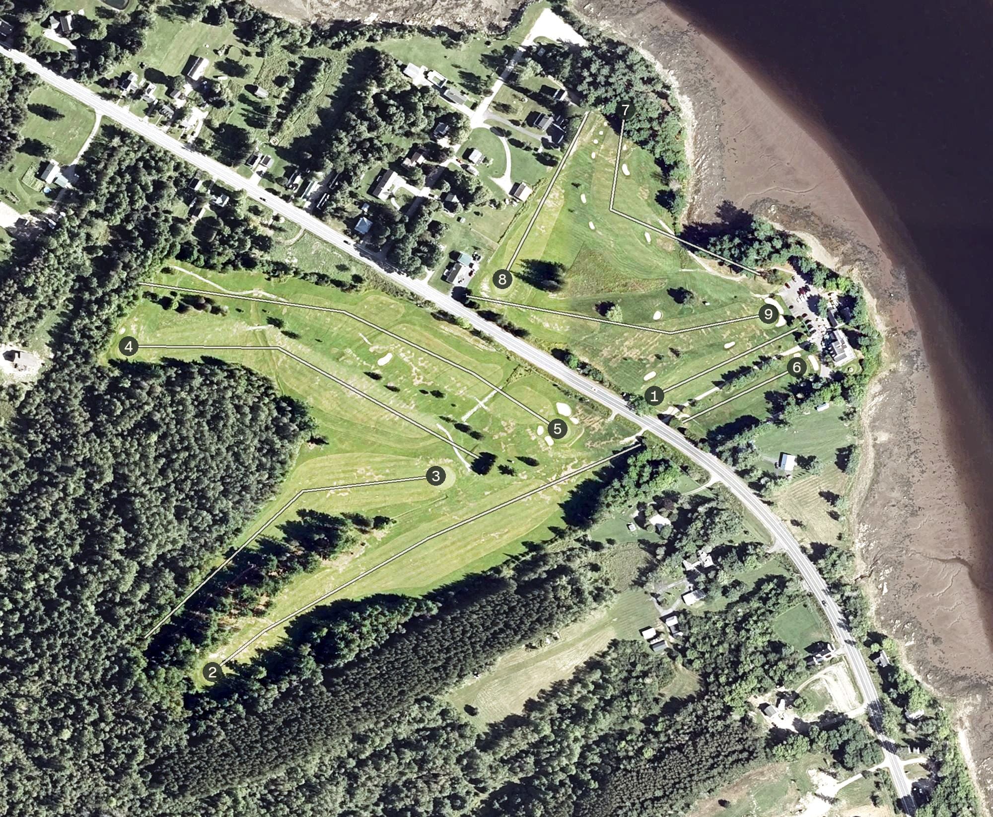 Aerial view of Saint Croix Country Club, ME, with its hole routing marked