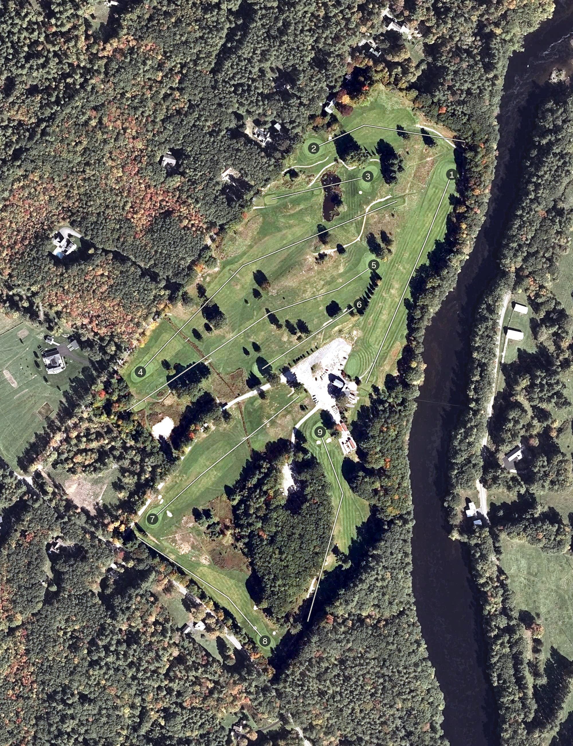 Aerial view of Salmon Falls Country Club, ME, with its hole routing marked