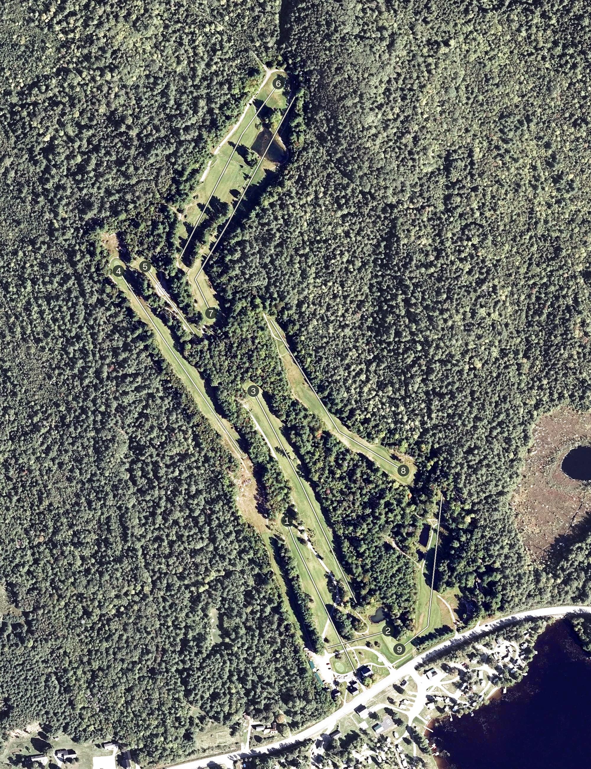 Aerial view of Sawmill Woods Golf Course, ME, with its hole routing marked