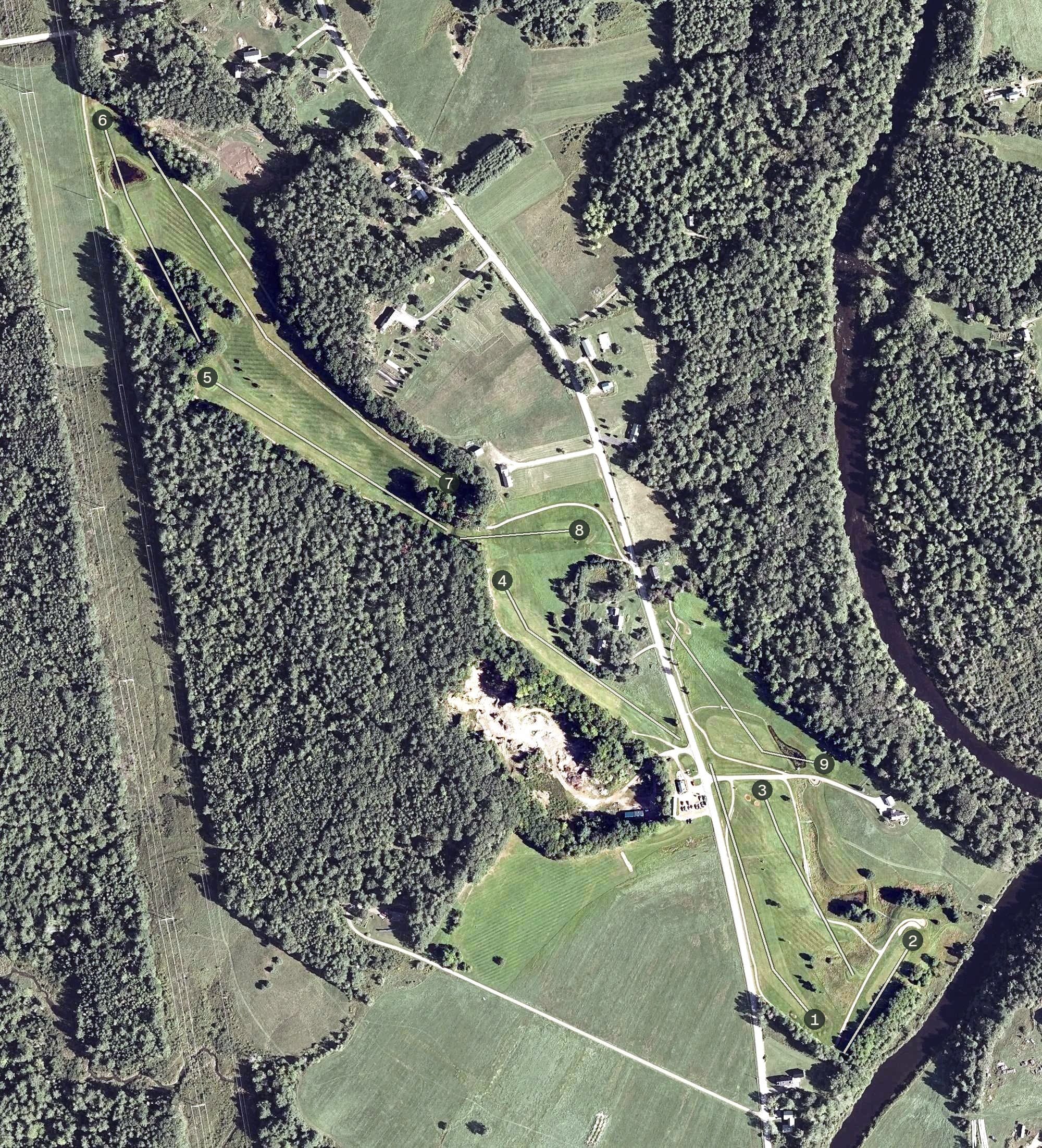 Aerial view of Sheepscot Links Golf Course, ME, with its hole routing marked