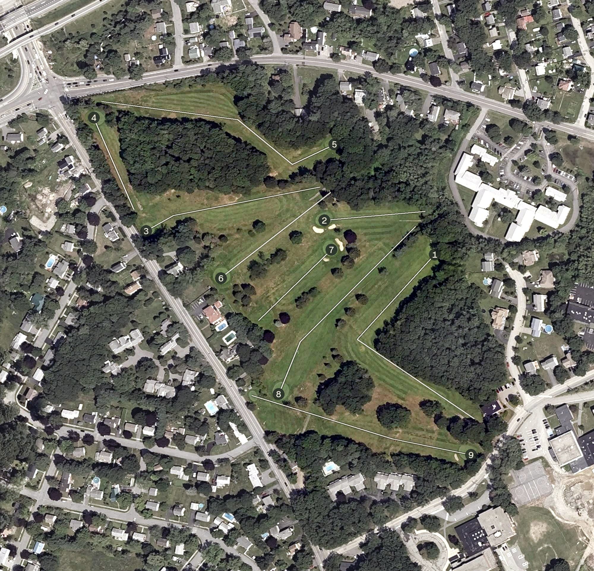 Aerial view of South Portland Municipal Golf Course, ME, with its hole routing marked