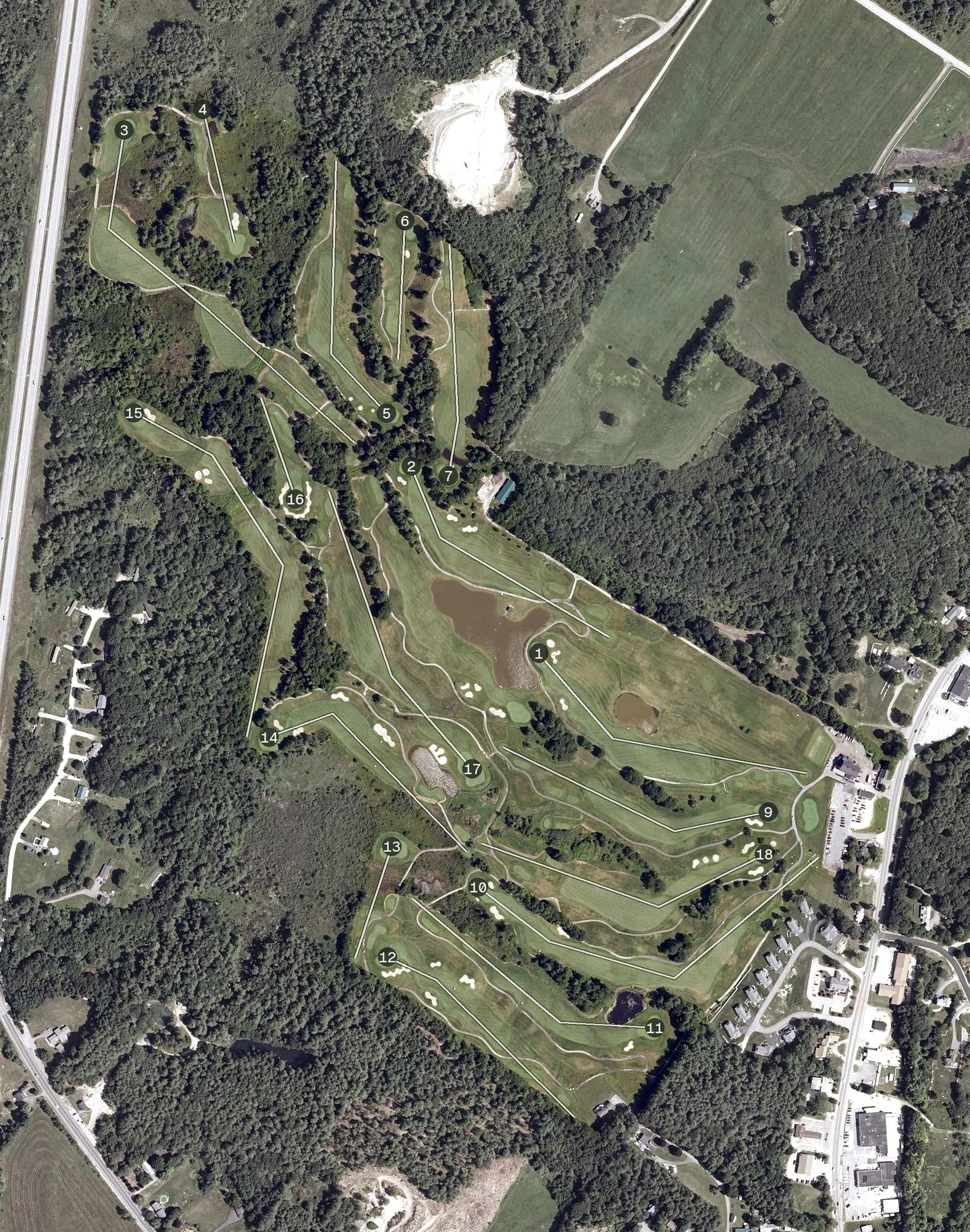 Aerial view of Spring Meadows Golf Club, ME, with its hole routing marked