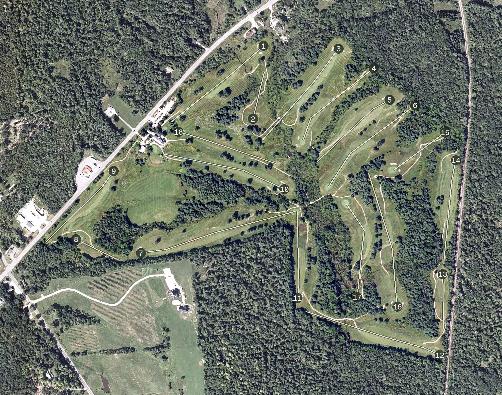 Aerial view of Springbrook Golf Club, ME, with its hole routing marked