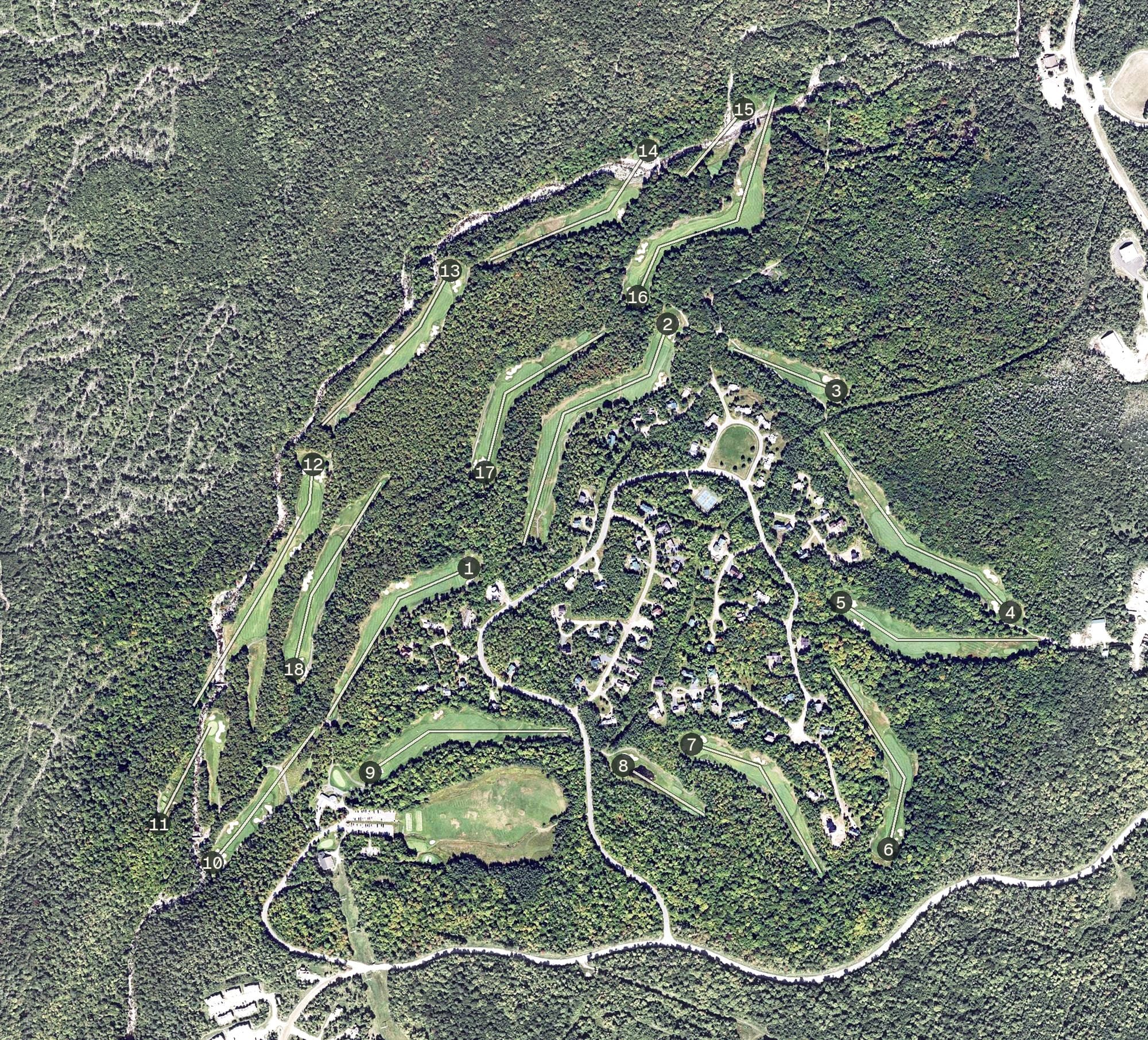 Aerial view of Sugarloaf Golf Club, ME, with its hole routing marked