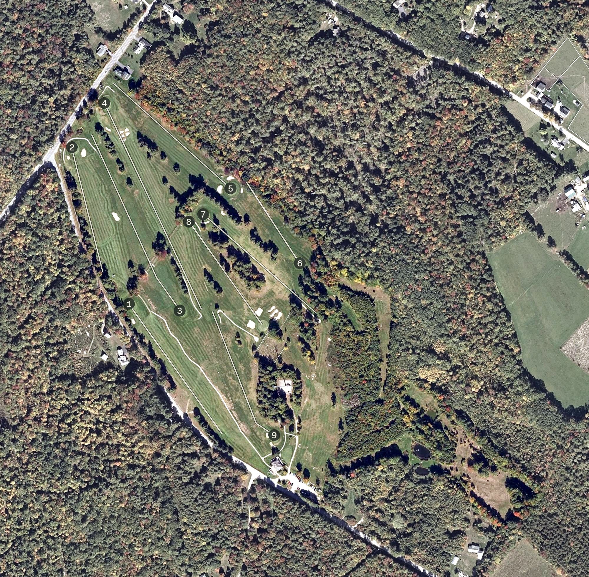 Aerial view of Summit Golf Course, ME, with its hole routing marked