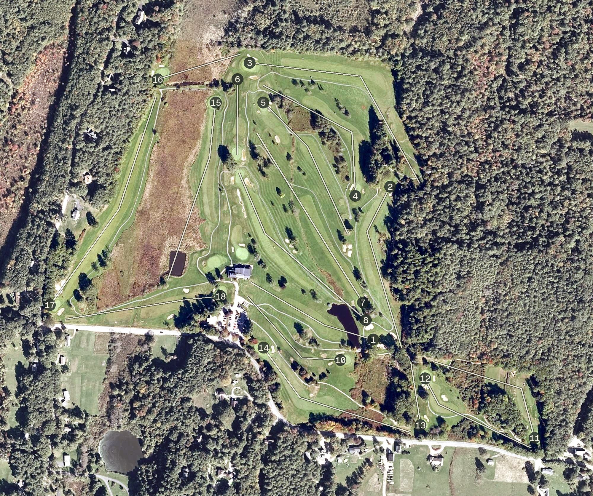 Aerial view of The Bath Golf Club, ME, with its hole routing marked