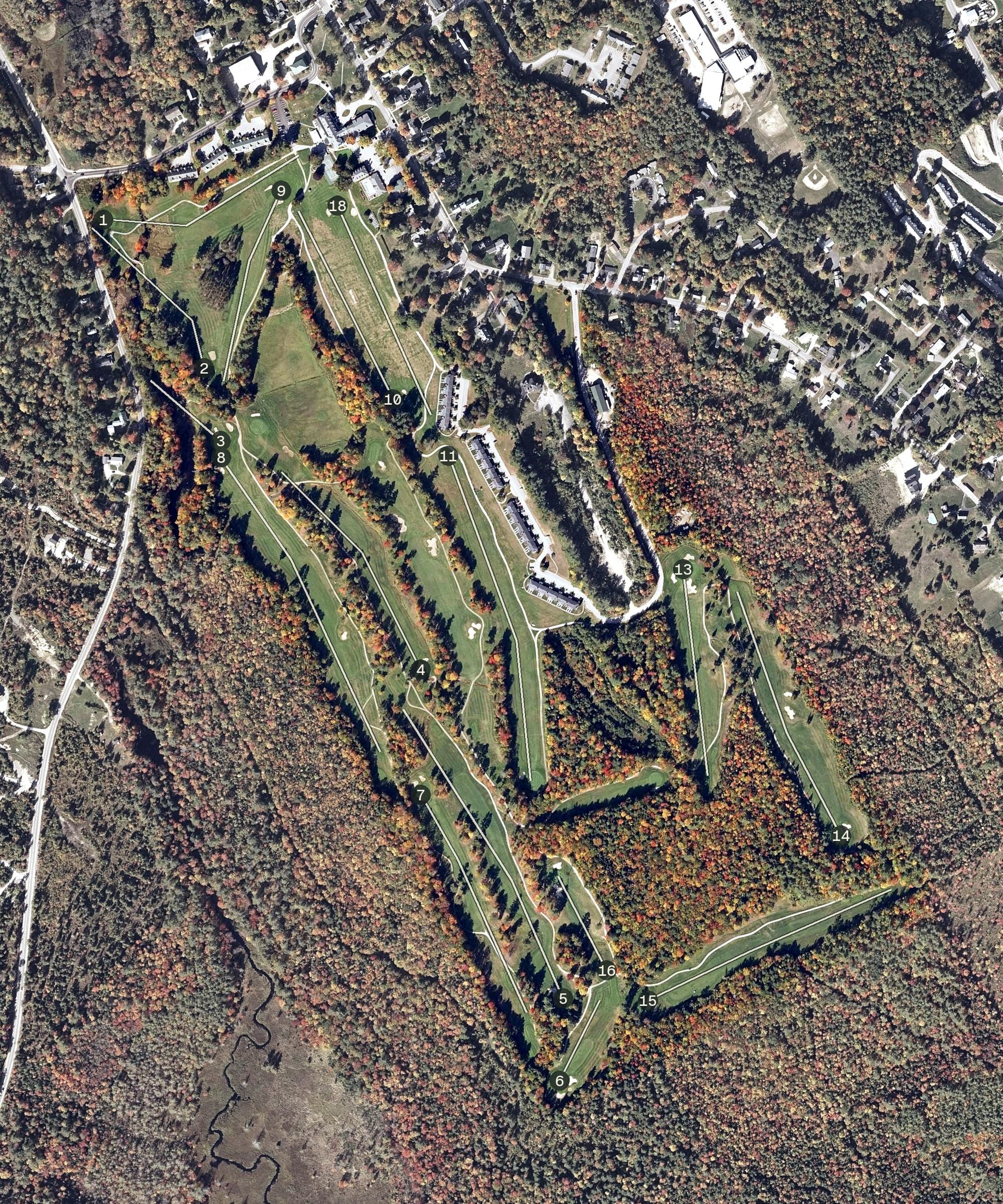 Aerial view of The Bethel Resort & Suites Golf Course, ME, with its hole routing marked