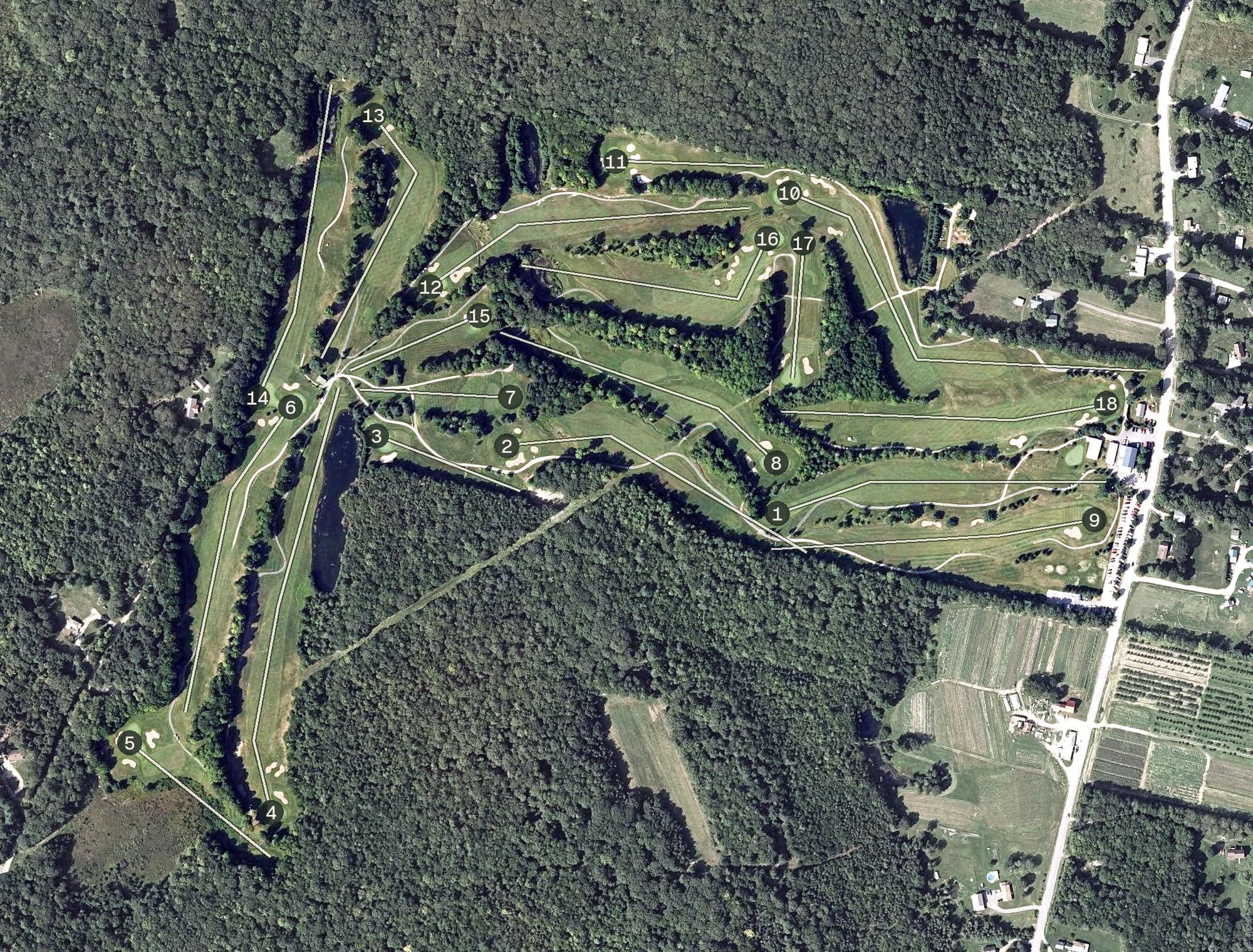 Aerial view of The Meadows Golf Club, ME, with its hole routing marked