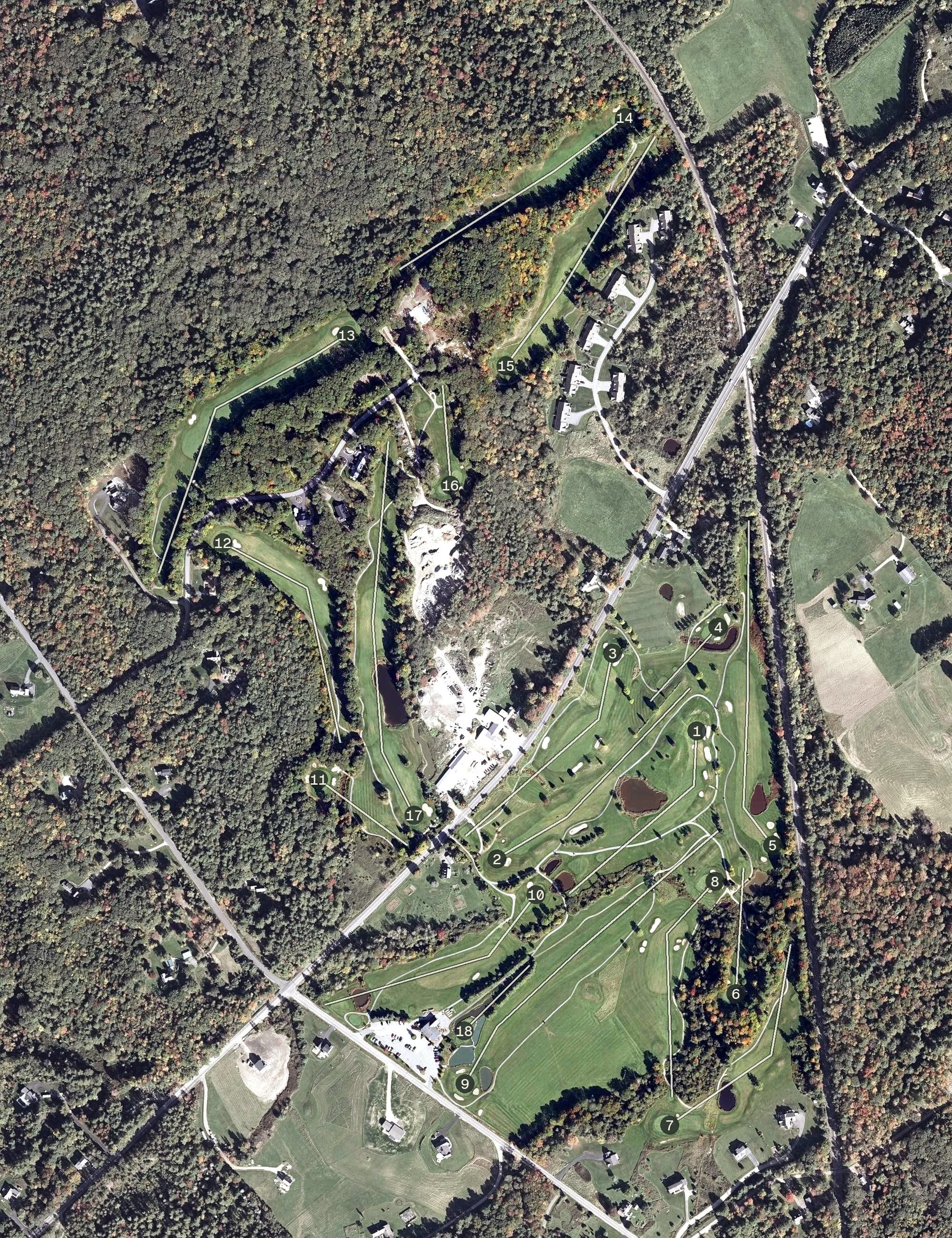 Aerial view of Toddy Brook Golf Course, ME, with its hole routing marked