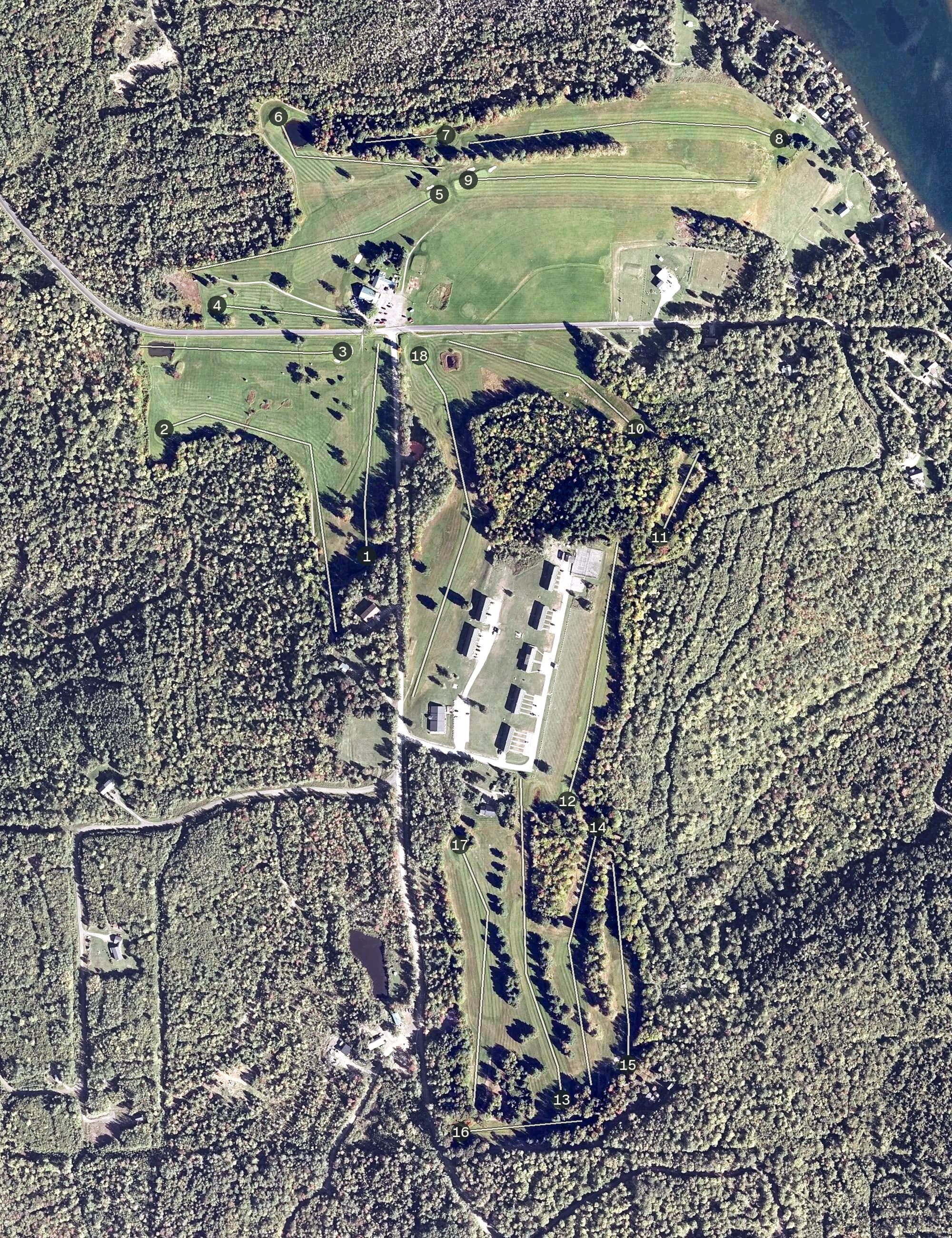 Aerial view of Va-Jo-Wa Golf Club, ME, with its hole routing marked