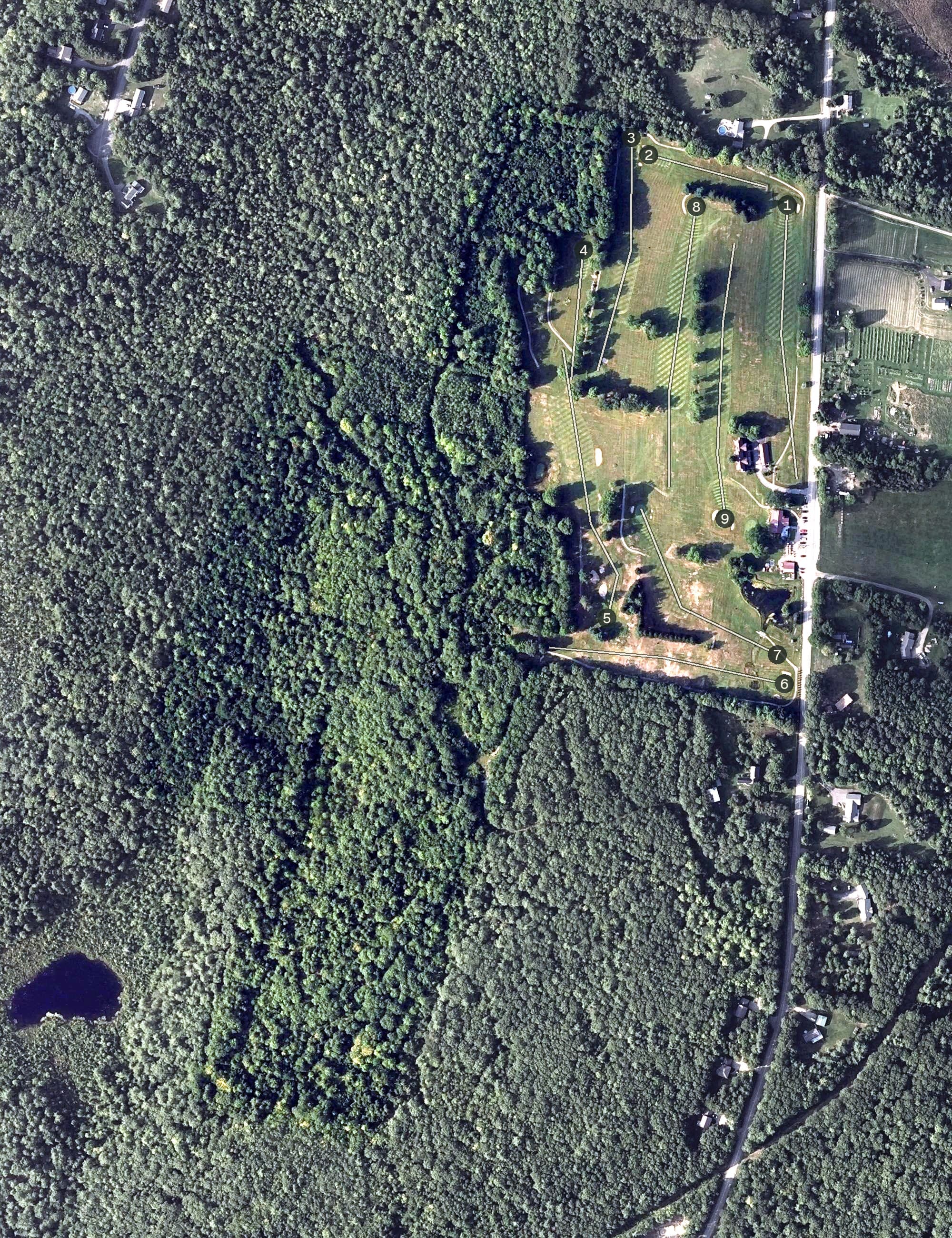 Aerial view of Western View Golf Club, ME, with its hole routing marked
