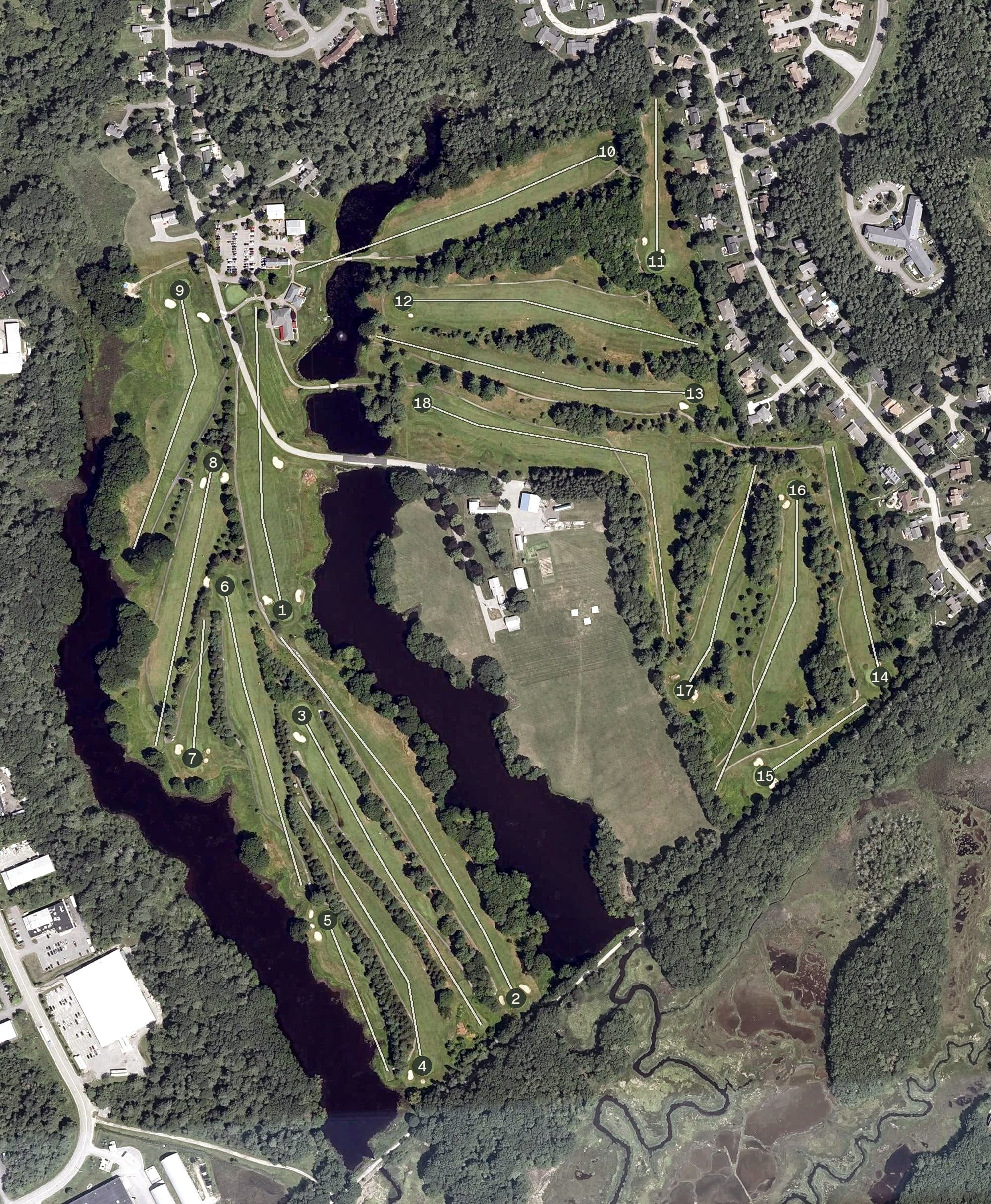Aerial view of Willowdale Golf Club, ME, with its hole routing marked