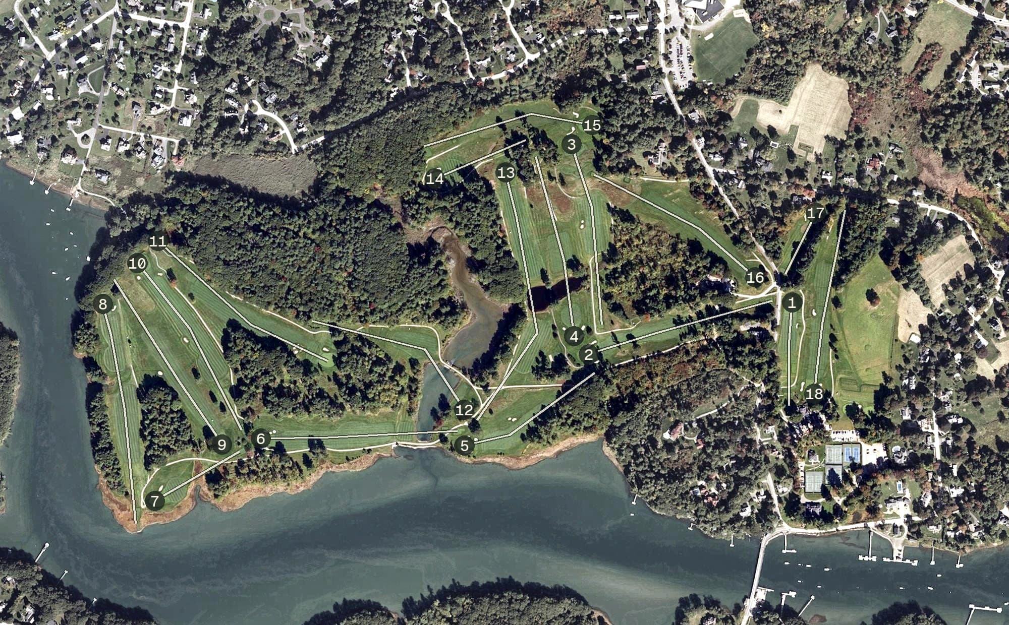 Aerial view of York Golf and Tennis Club, ME, with its hole routing marked