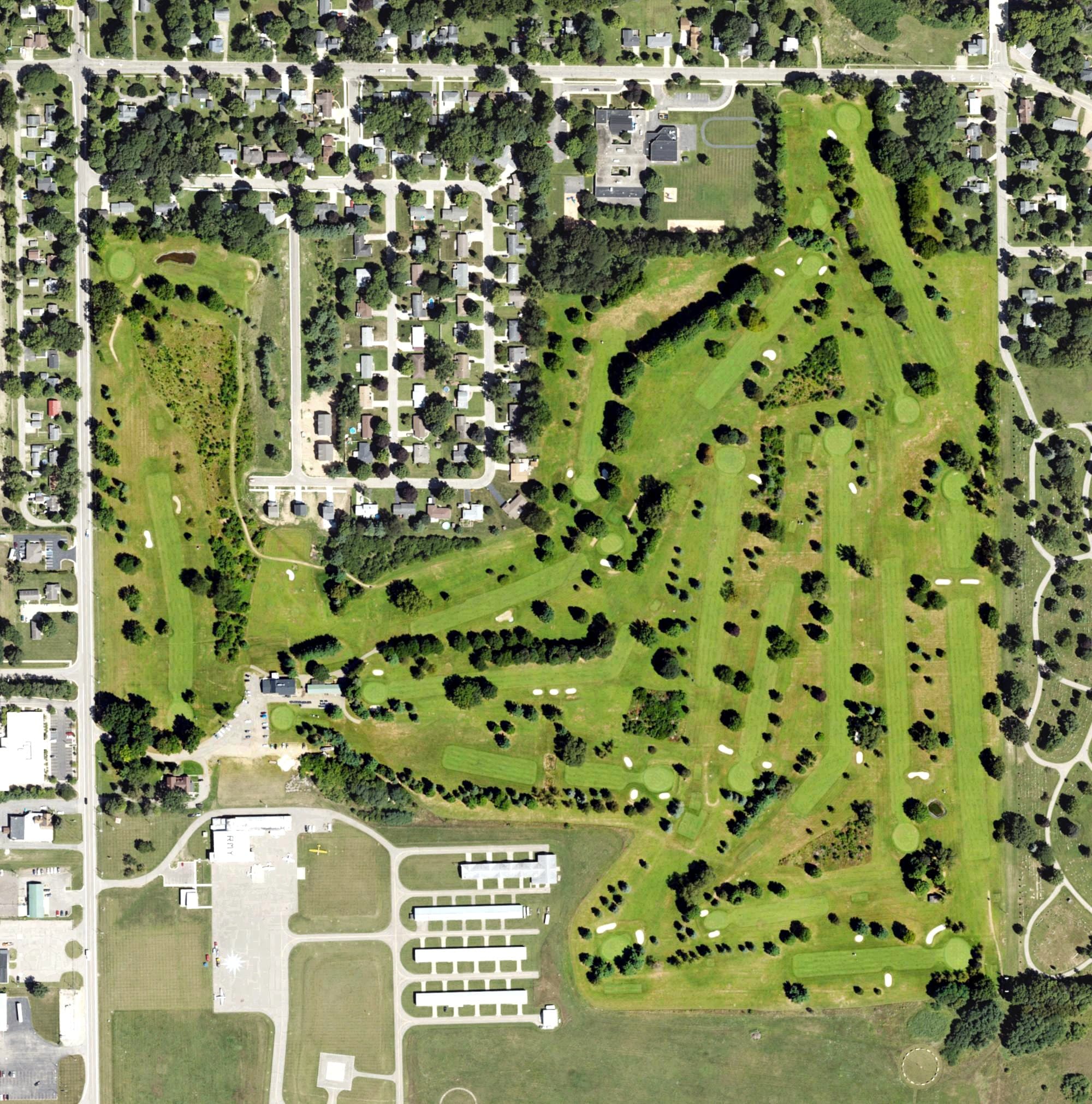 Aerial view of Alwyn Downs Golf Club, MI, with its hole routing marked
