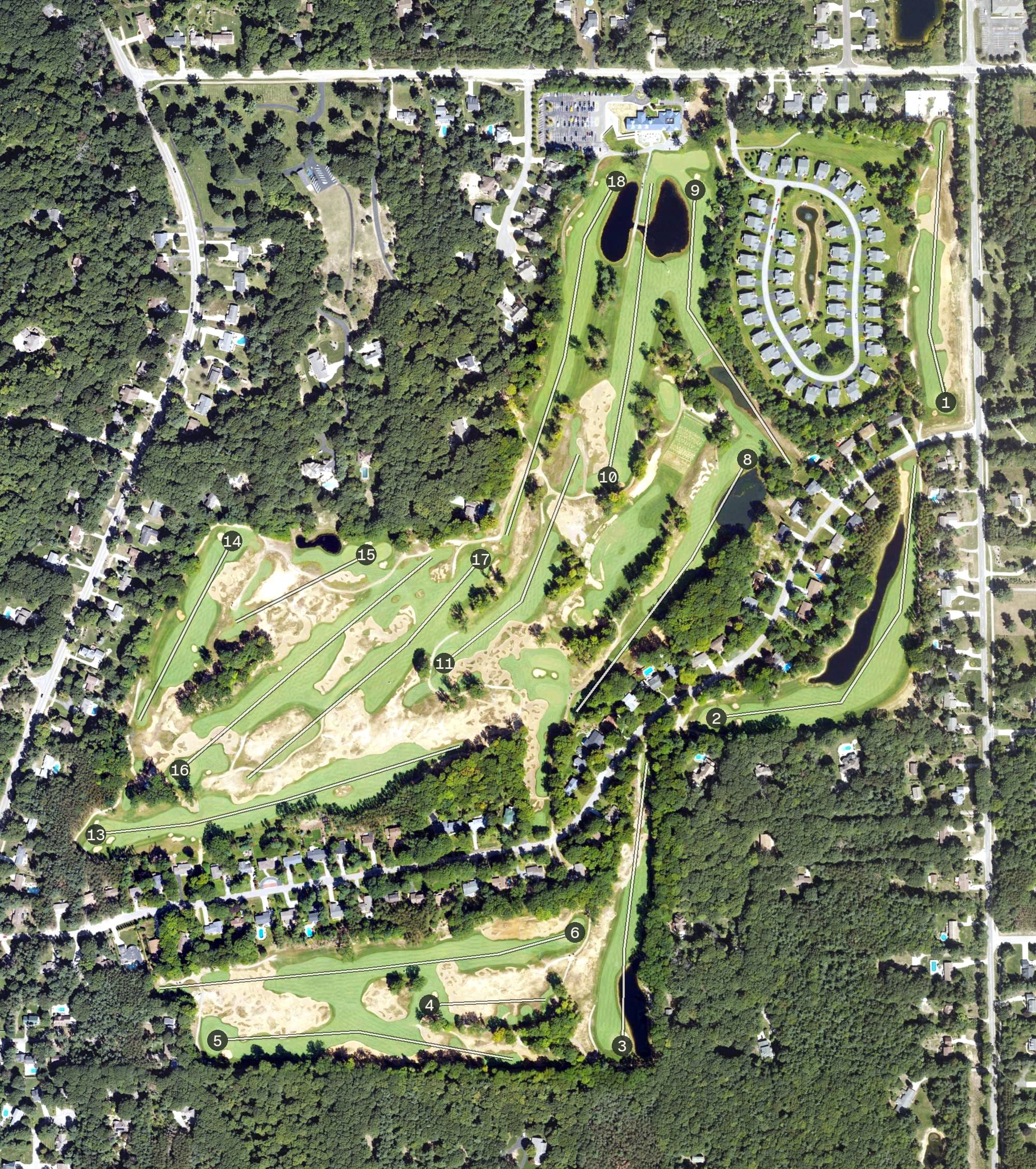 Aerial view of American Dunes Golf Club, MI, with its hole routing marked