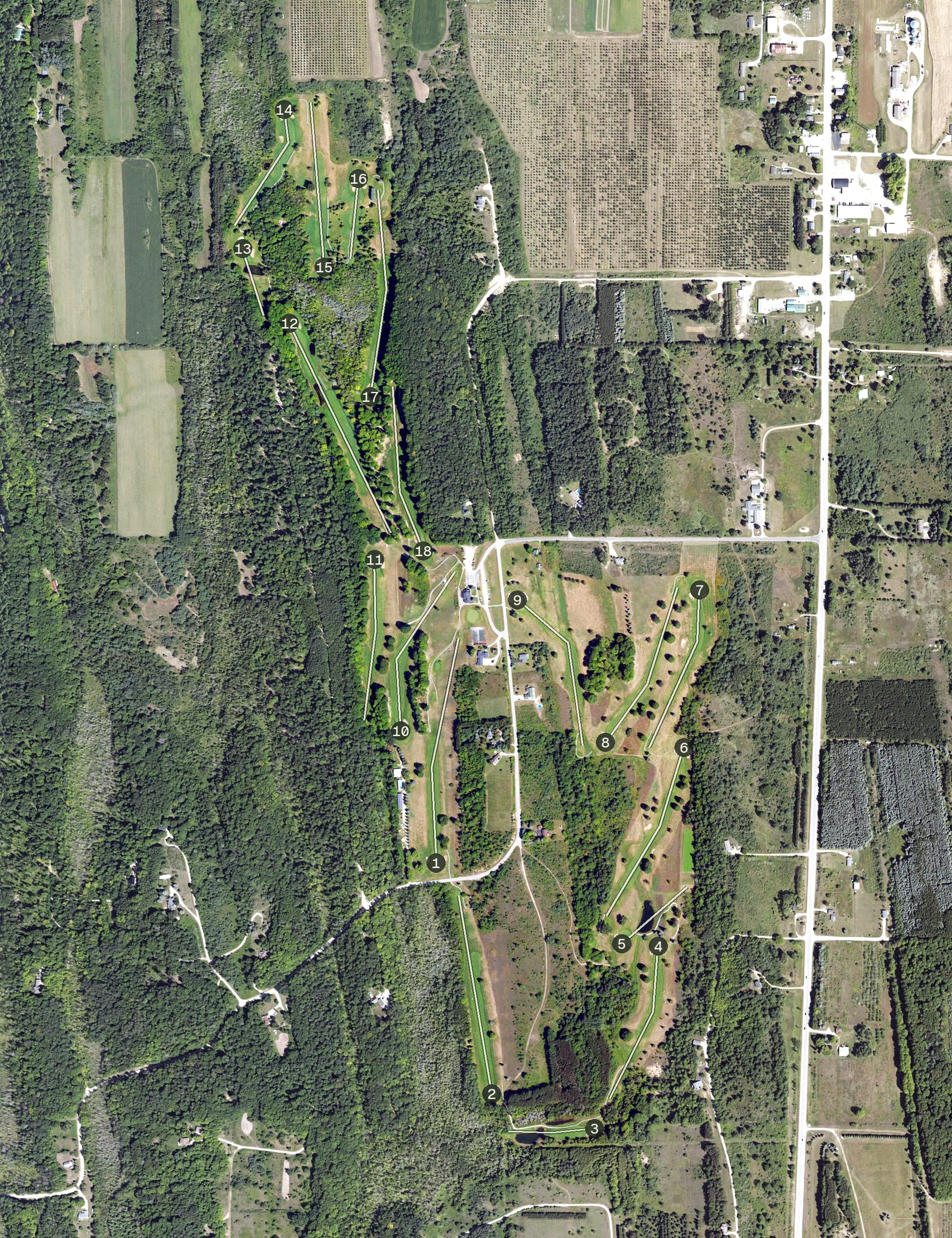 Aerial view of Antrim Dells, MI, with its hole routing marked
