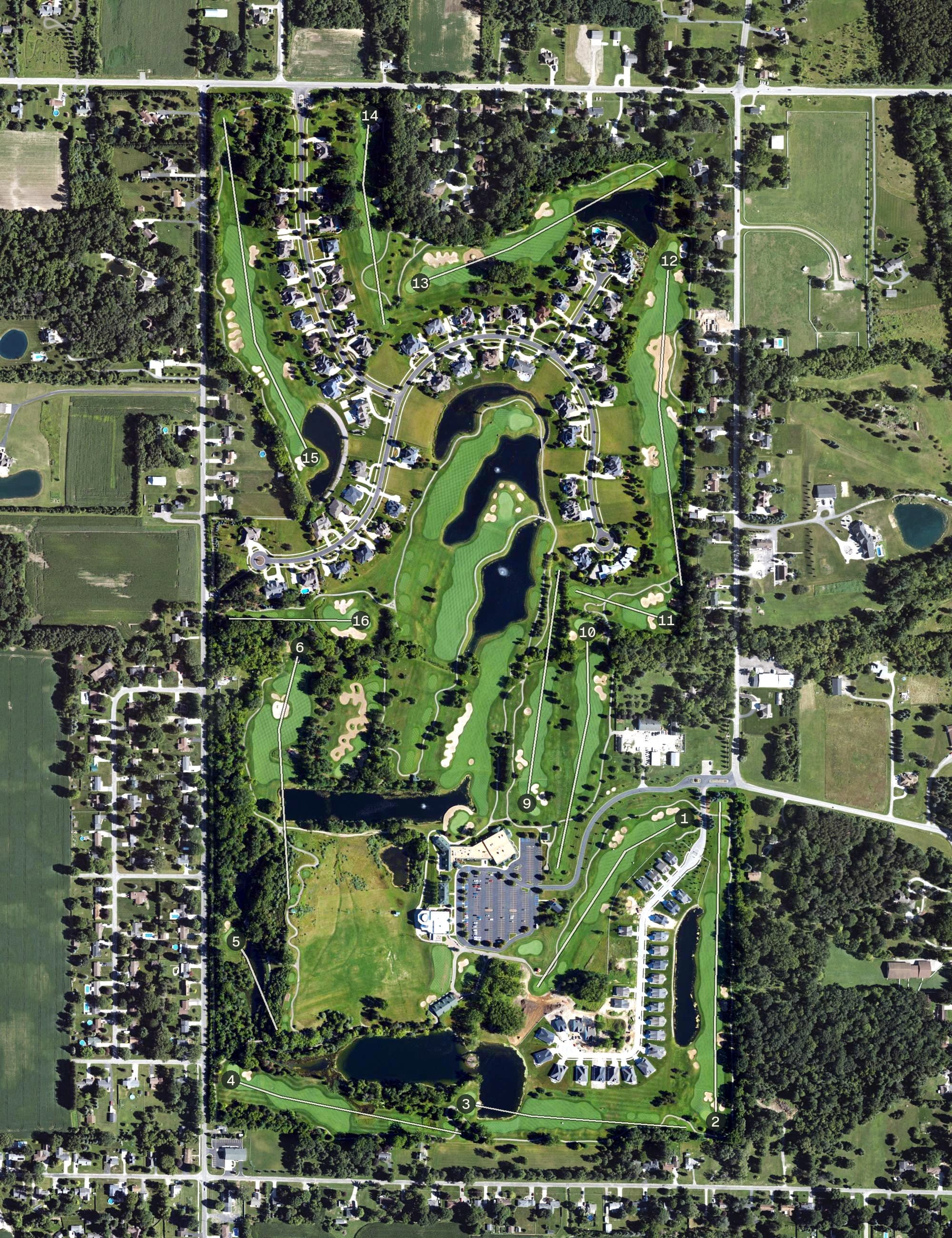 Aerial view of Apple Mountain Golf Course, MI, with its hole routing marked
