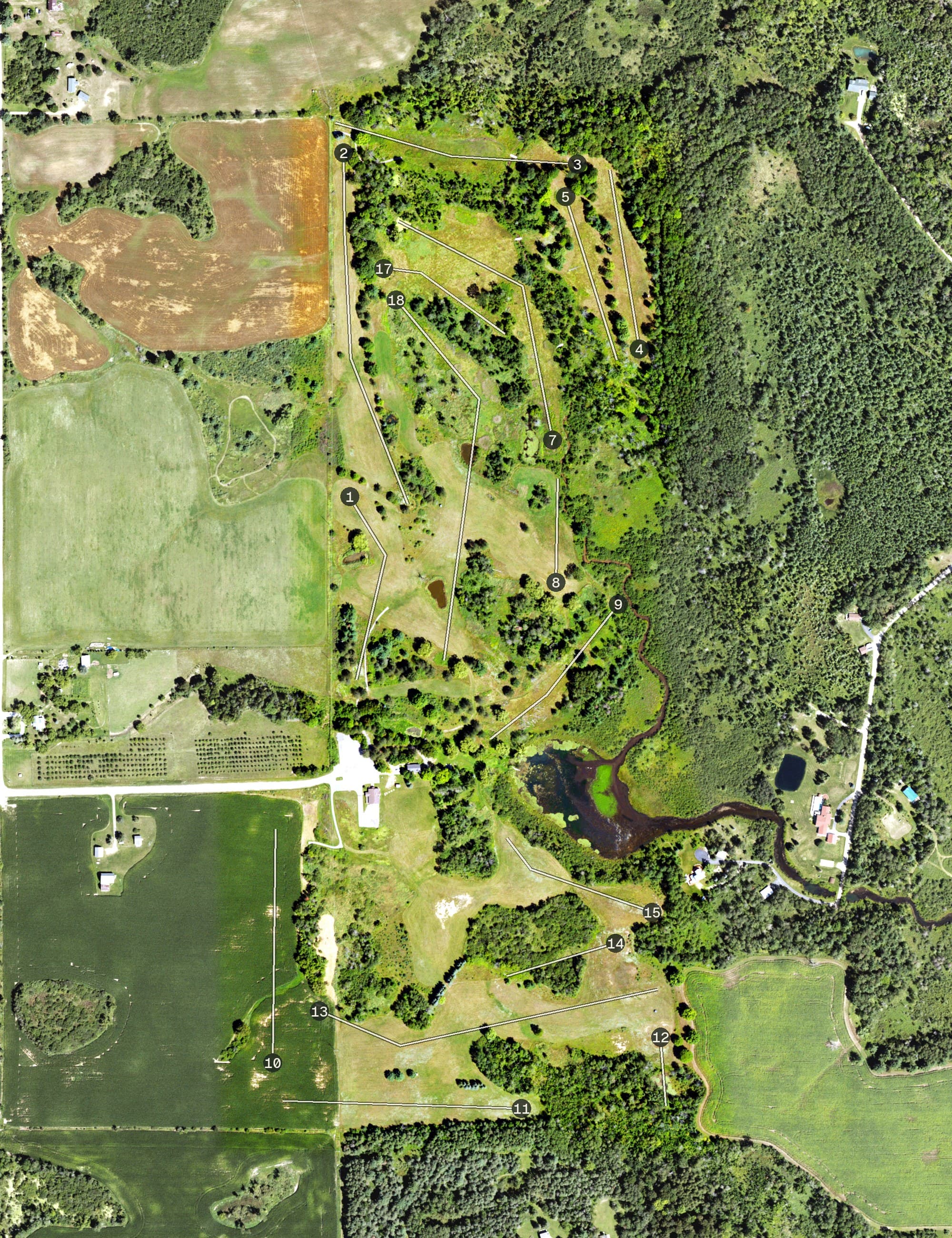 Aerial view of Apple Valley Golf Course, MI, with its hole routing marked