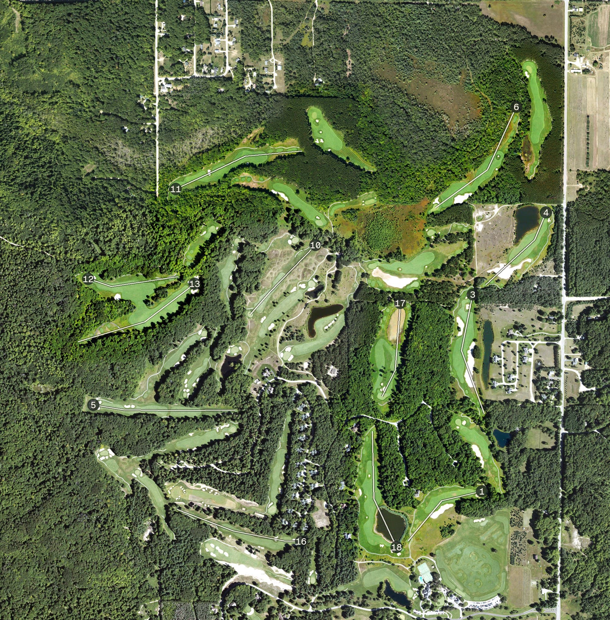 Aerial view of Arthur Hills, MI, with its hole routing marked