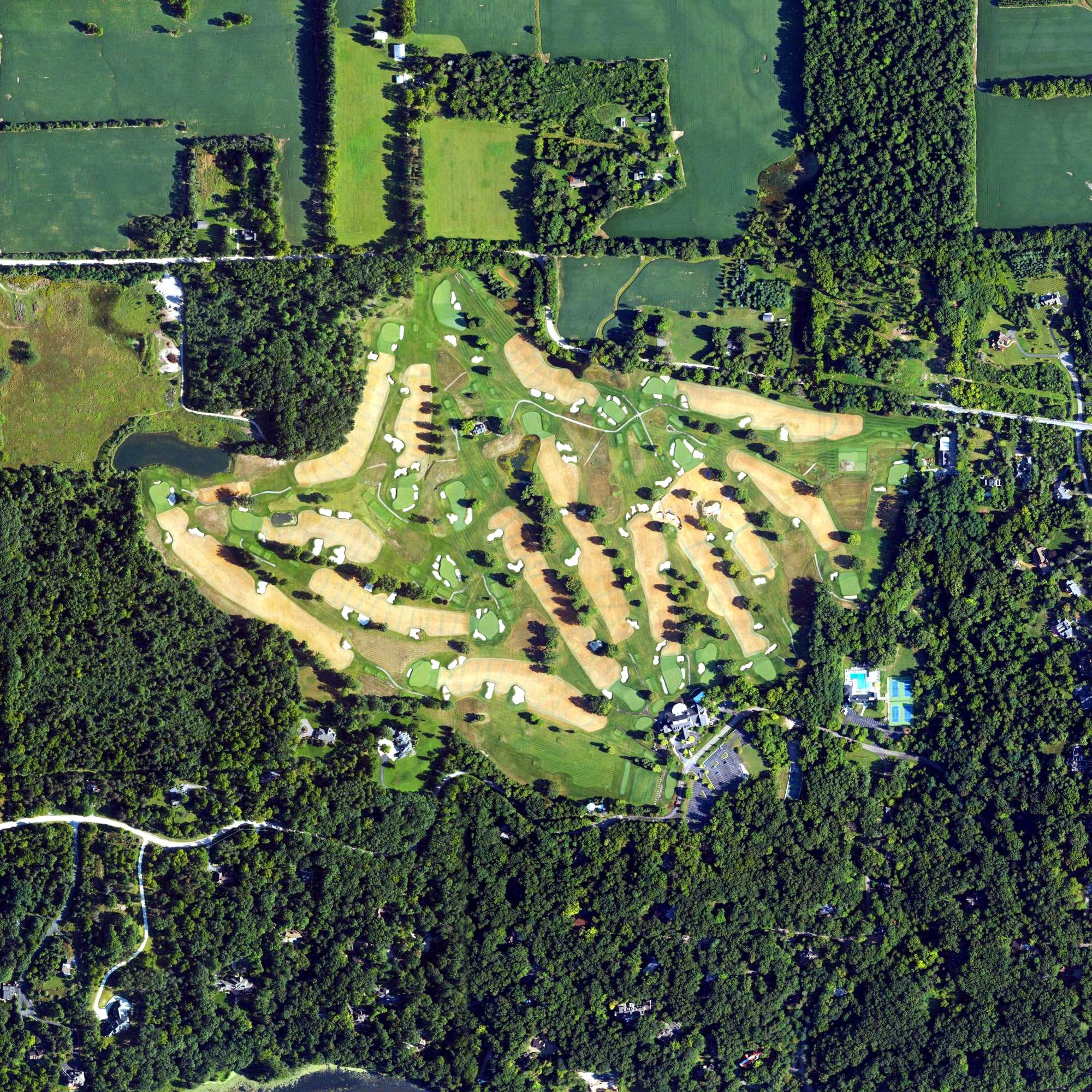 Aerial view of Barton Hills Country Club, MI, with its hole routing marked