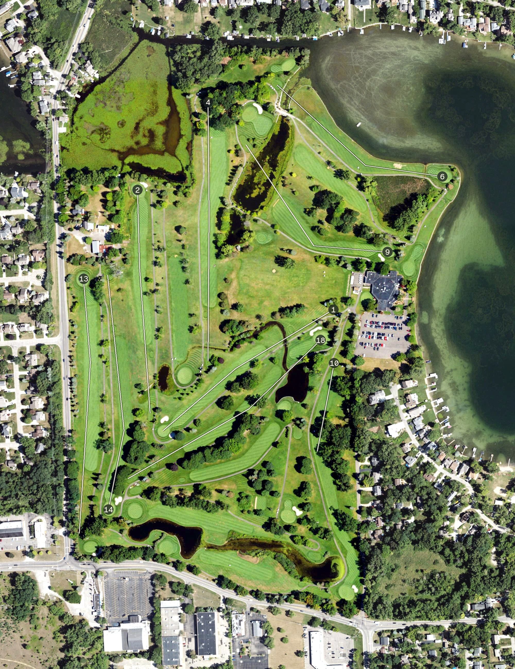 Aerial view of Bay Pointe Golf Club, MI, with its hole routing marked