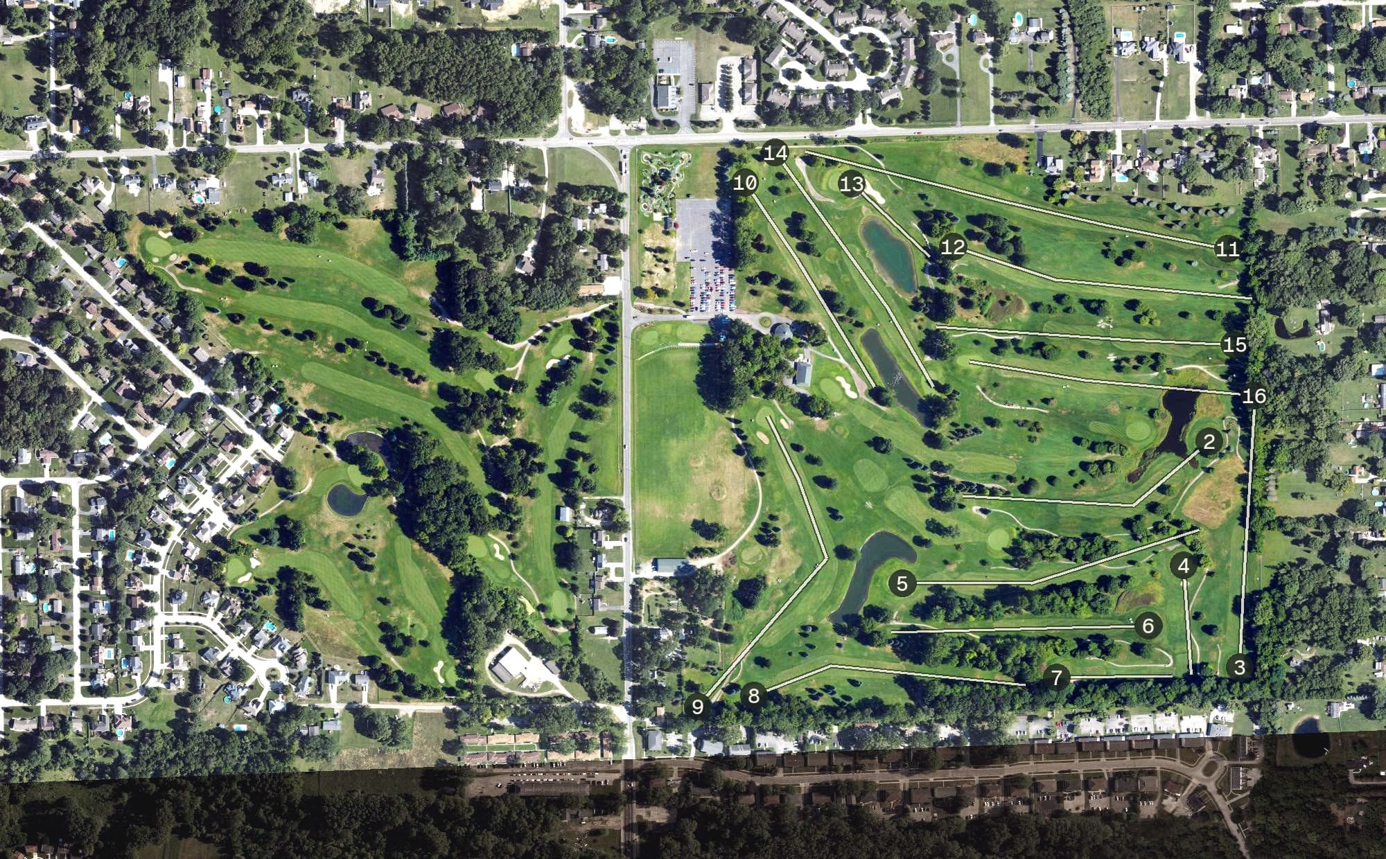 Aerial view of Bedford Hills Golf Club, MI, with its hole routing marked