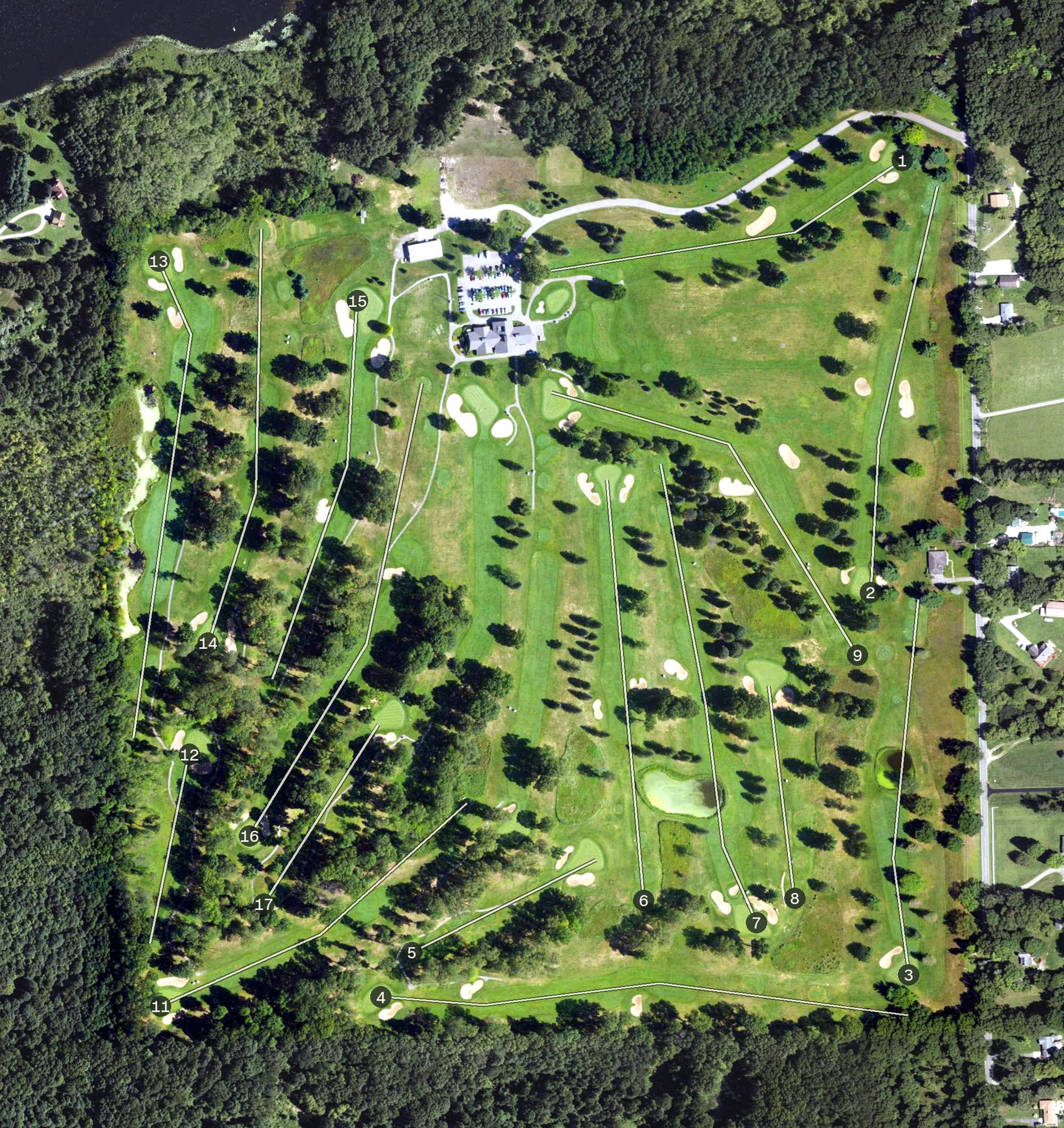 Aerial view of Bedford Valley, MI, with its hole routing marked