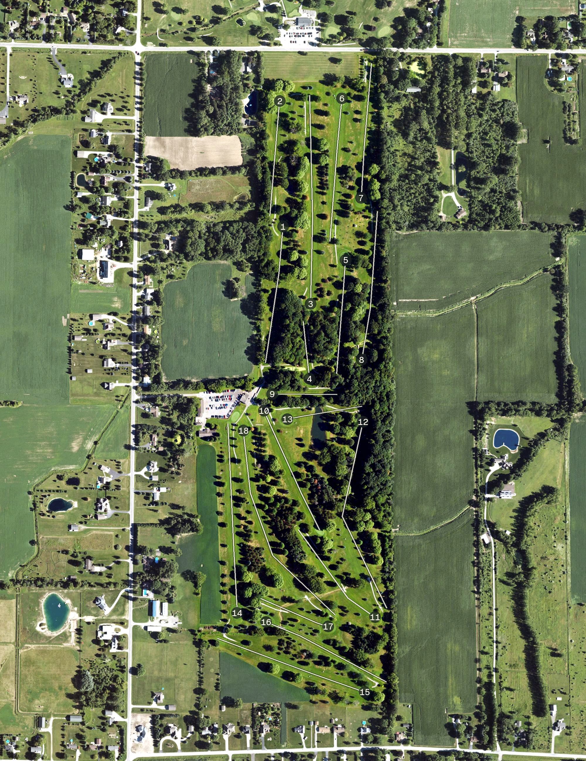 Aerial view of Beech Hollow Golf Course, MI, with its hole routing marked