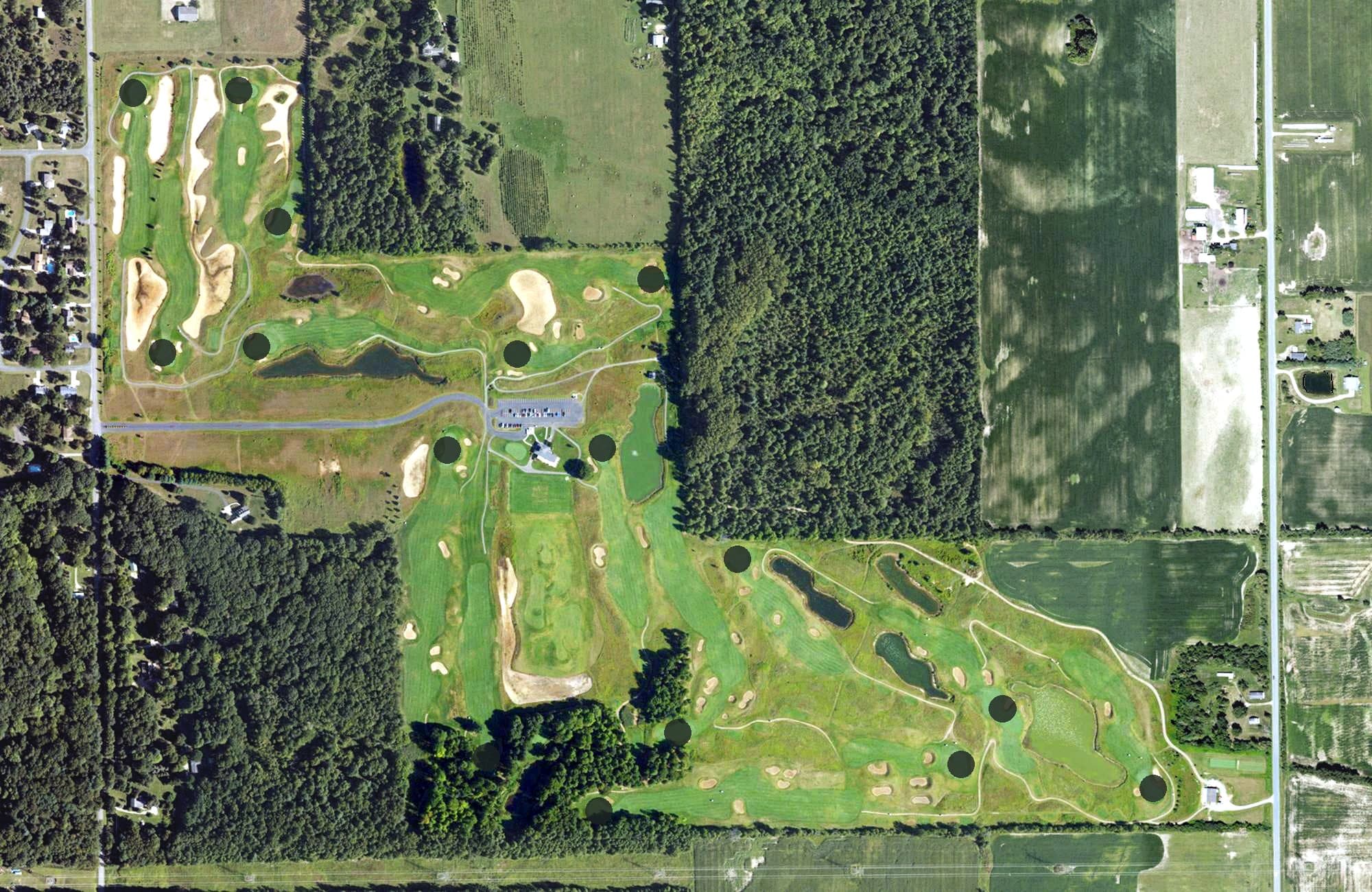 Aerial view of Beeches Golf Club, MI, with its hole routing marked