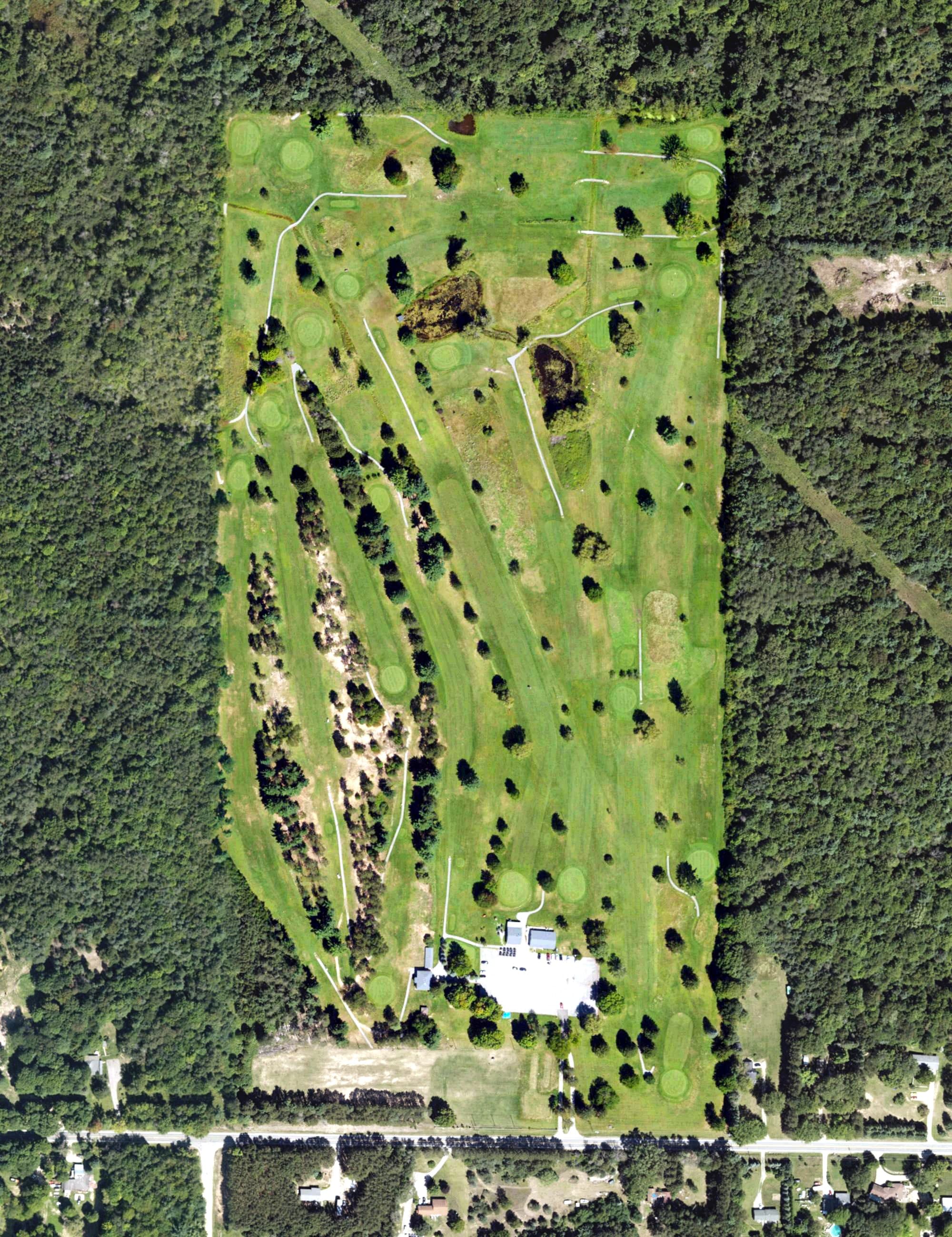 Aerial view of Bent Pine Golf Club, MI, with its hole routing marked