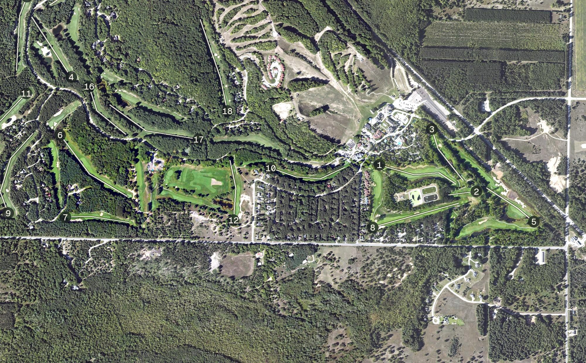Aerial view of Betsie Valley, MI, with its hole routing marked