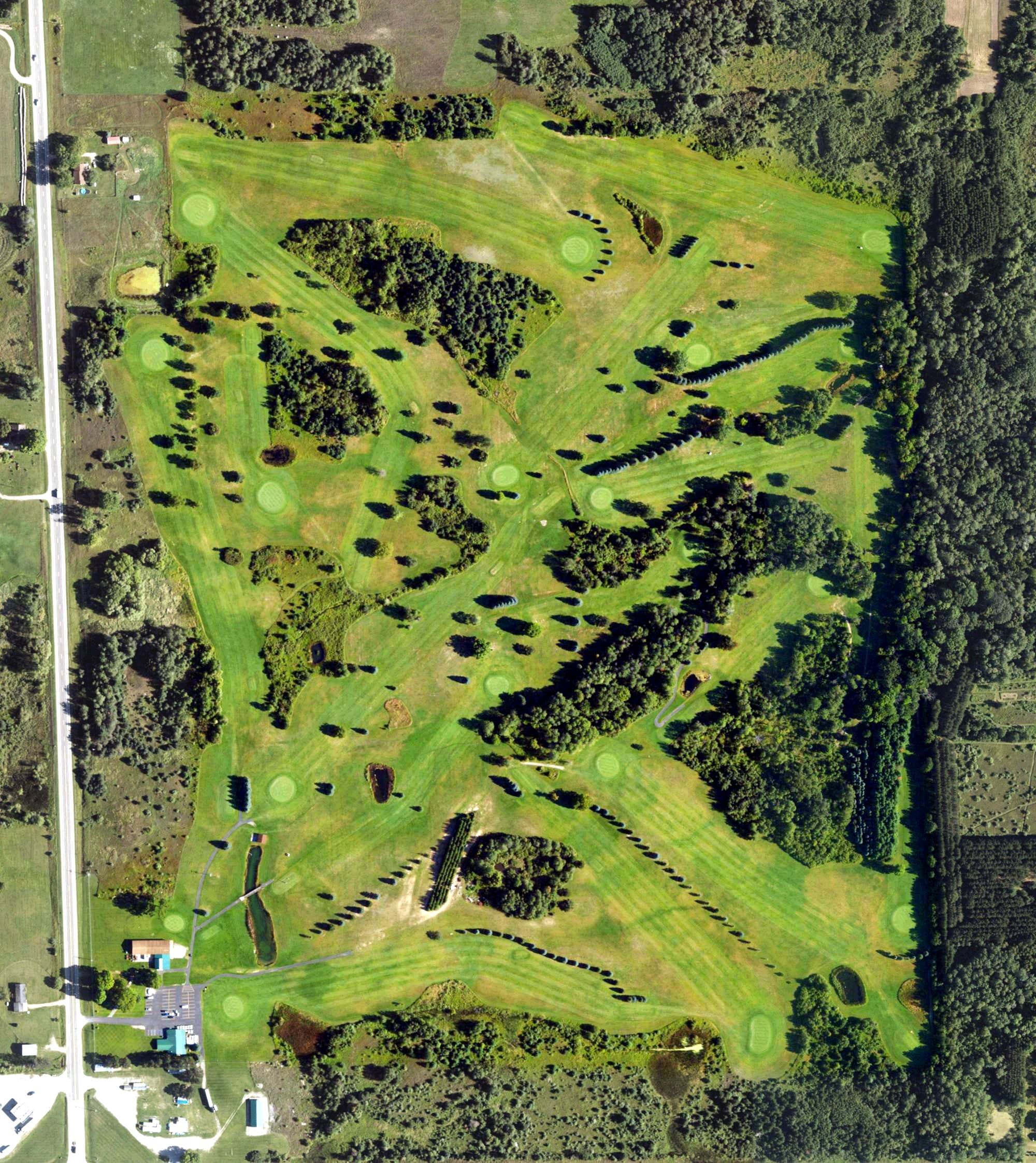 Aerial view of Birch Valley Golf Course, MI, with its hole routing marked