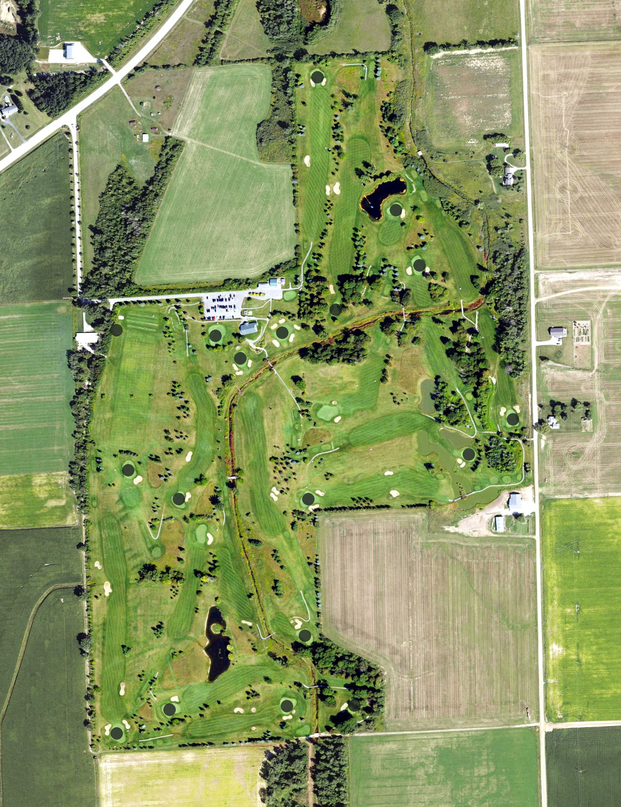 Aerial view of Bird Creek Golf Club, MI, with its hole routing marked