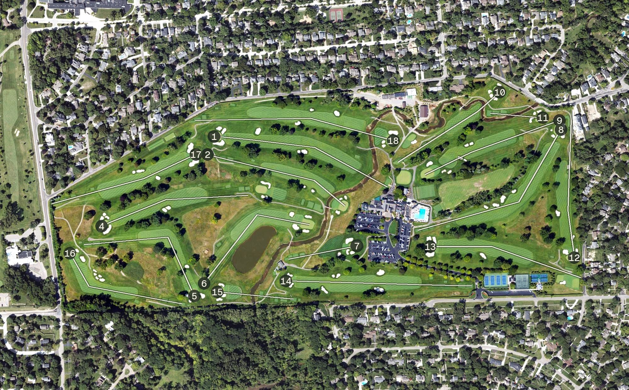Aerial view of Birmingham Country Club, MI, with its hole routing marked