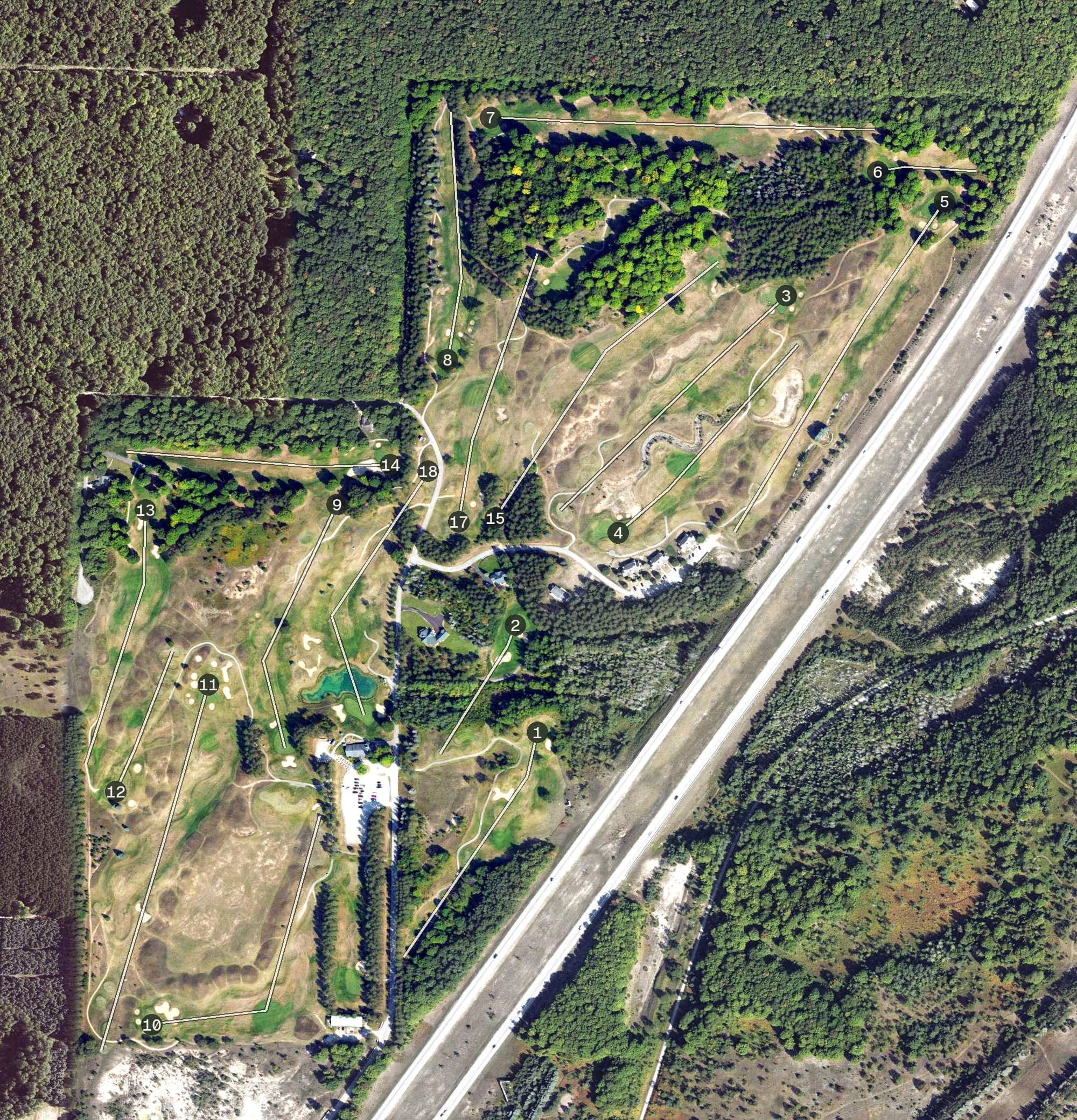 Aerial view of Black Bear Golf Club, MI, with its hole routing marked