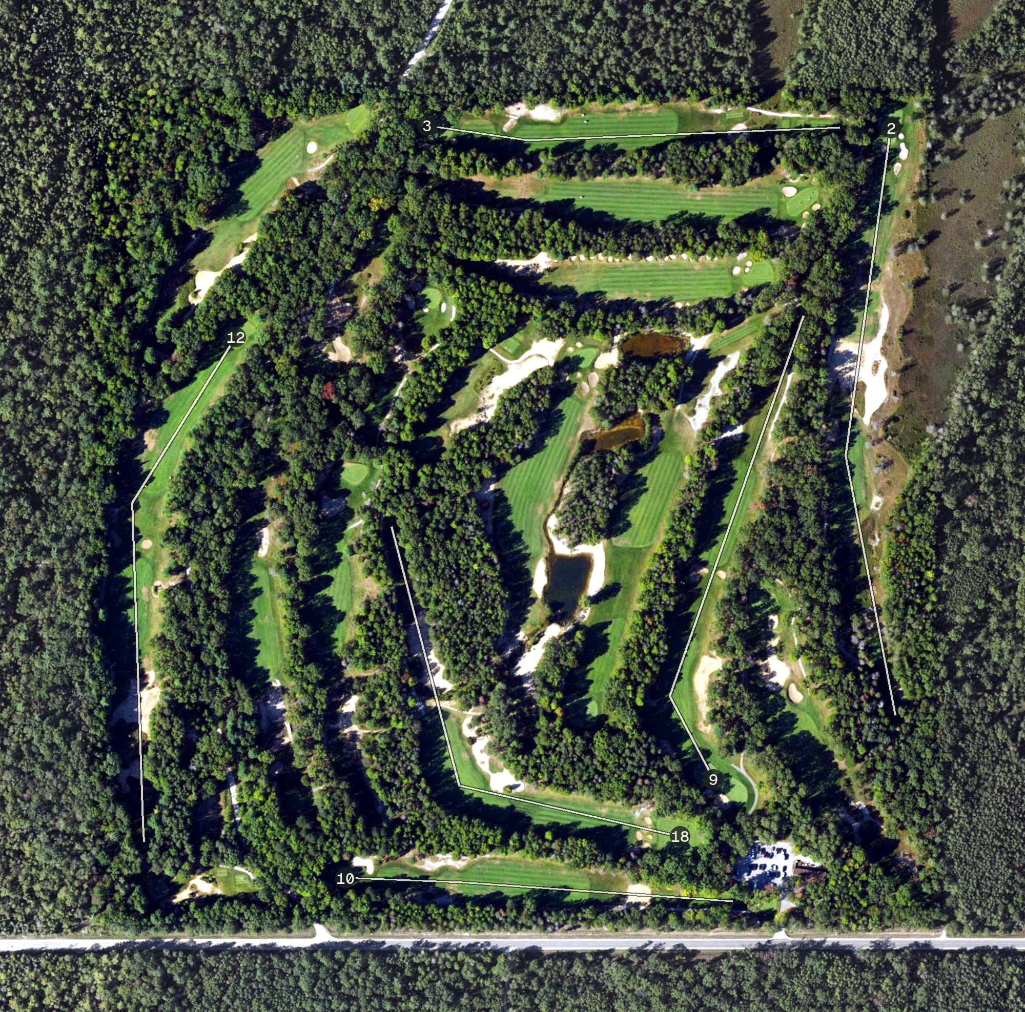 Aerial view of Blackshire, MI, with its hole routing marked