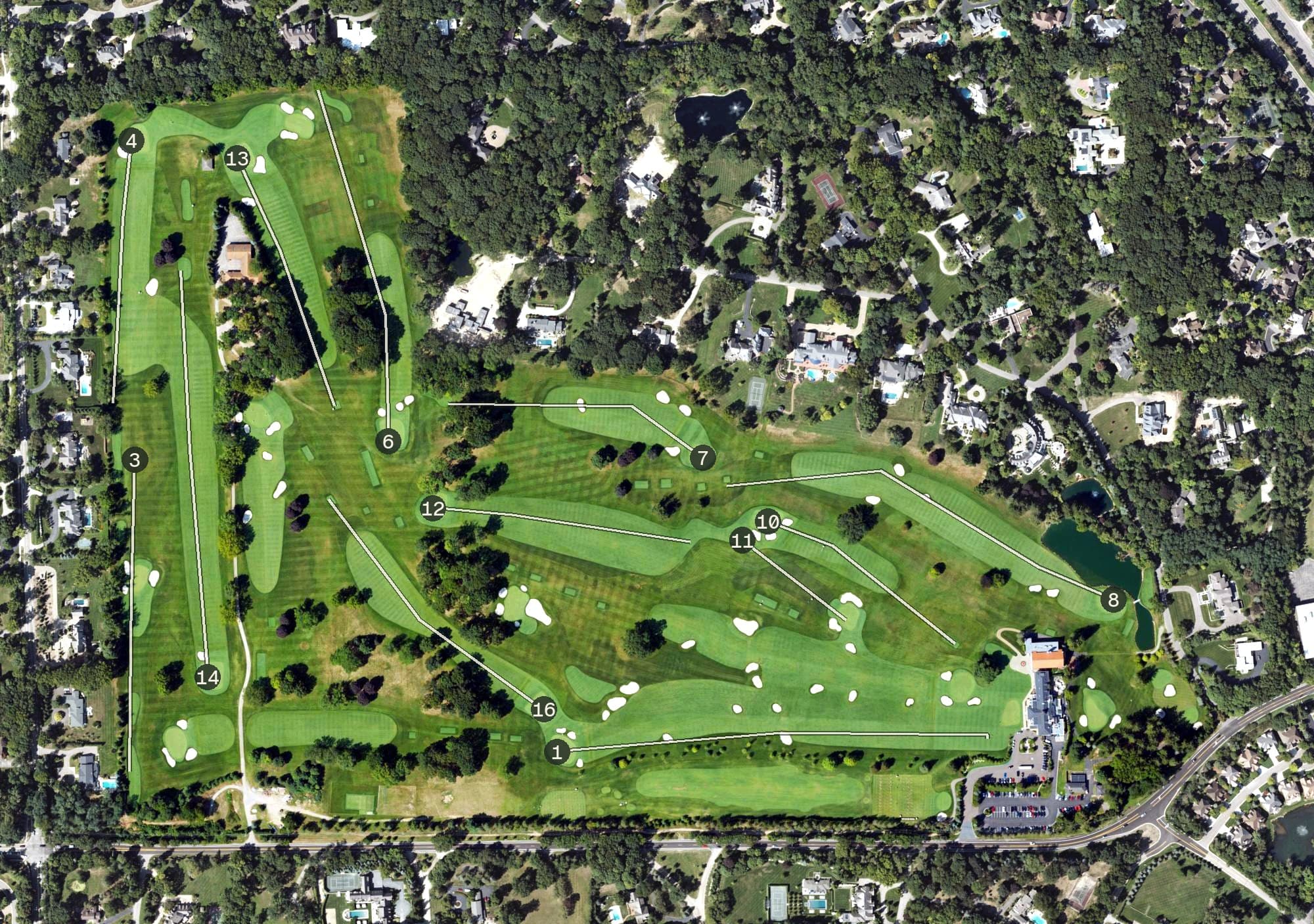 Aerial view of Bloomfield Hills Country Club, MI, with its hole routing marked