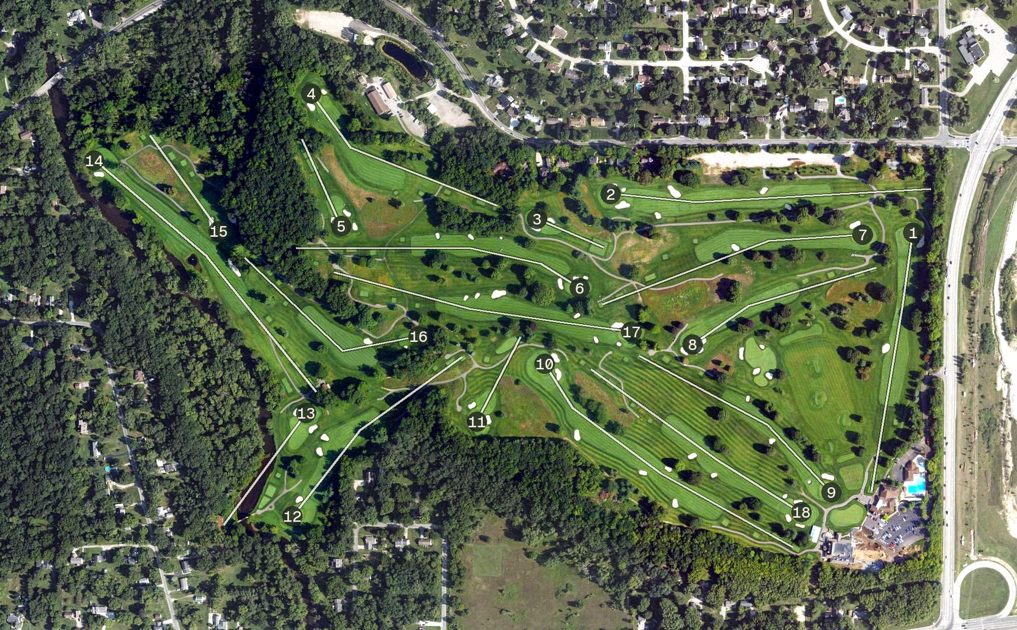 Aerial view of Blythefield Country Club, MI, with its hole routing marked