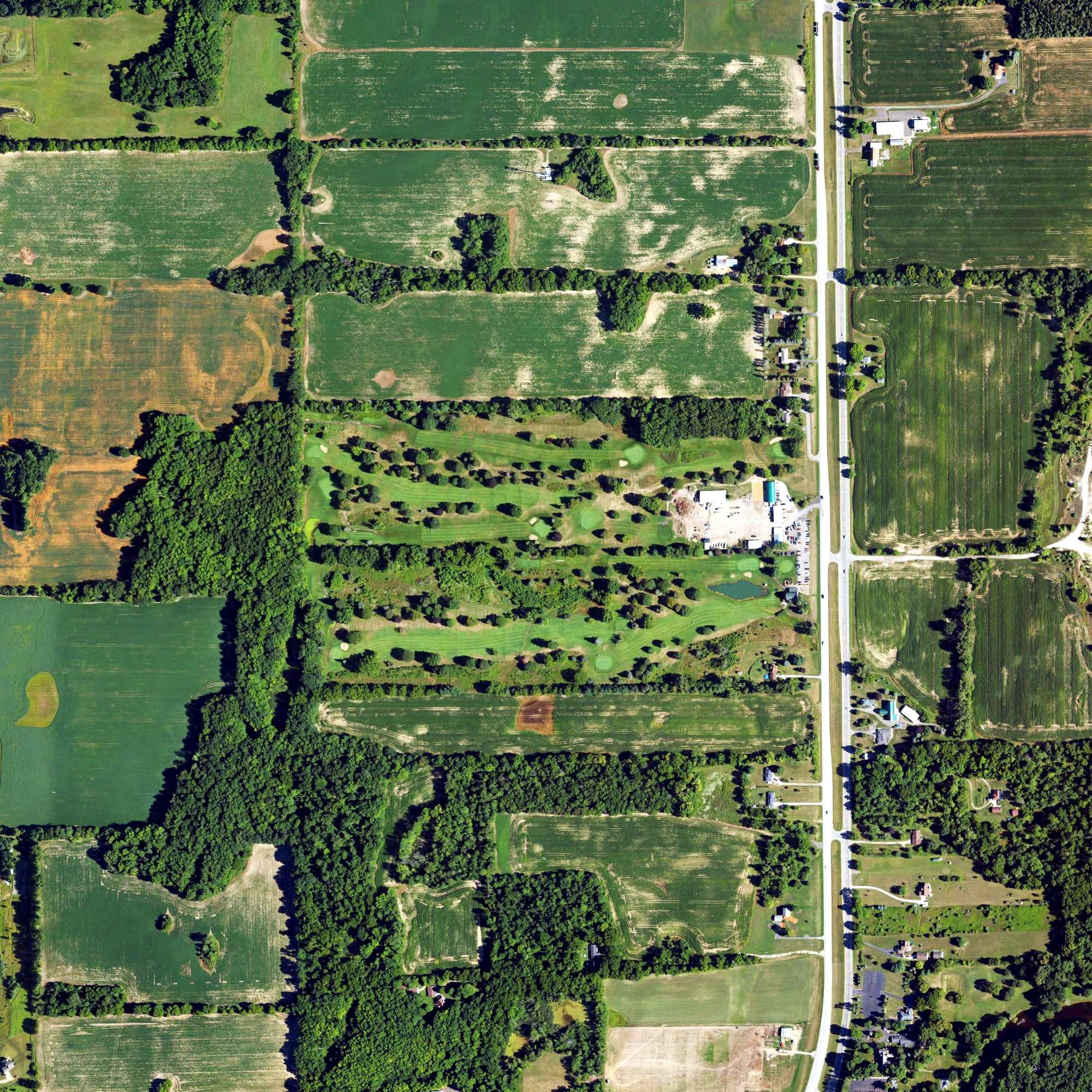 Aerial view of Bonnie View Golf Course, MI, with its hole routing marked