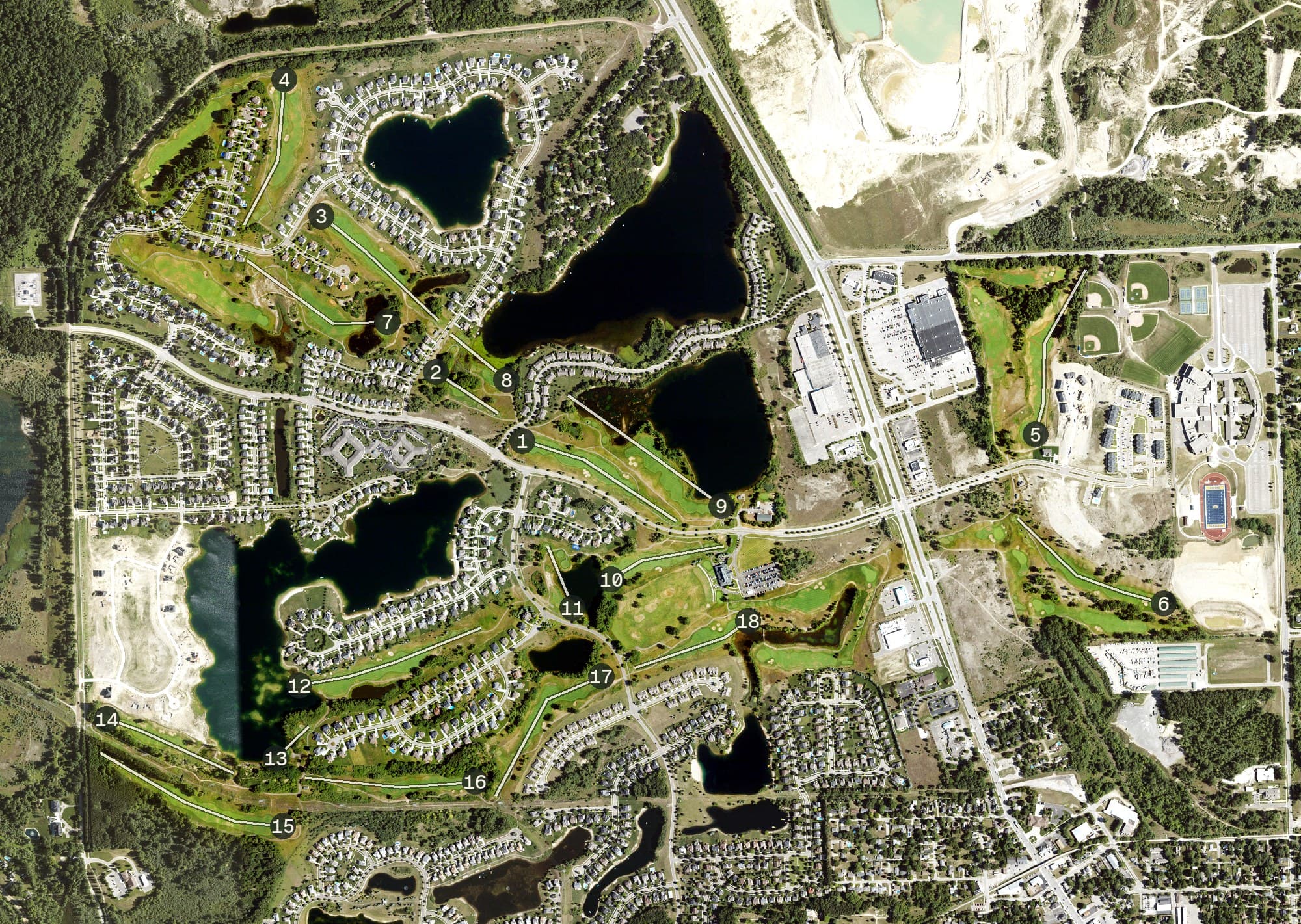 Aerial view of Boulder Pointe Golf Club, MI, with its hole routing marked
