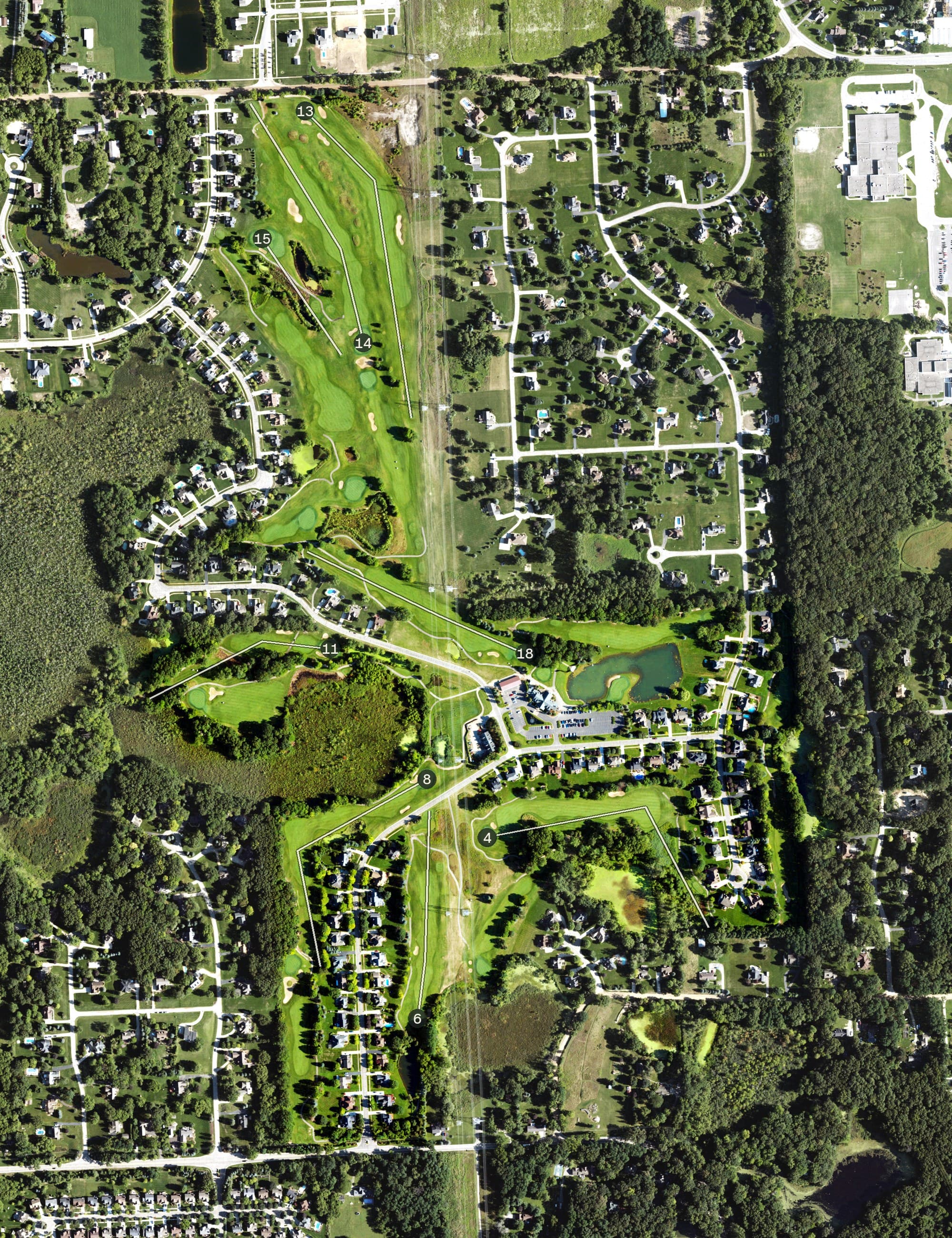 Aerial view of Brentwood Golf Club and Banquet Center, MI, with its hole routing marked