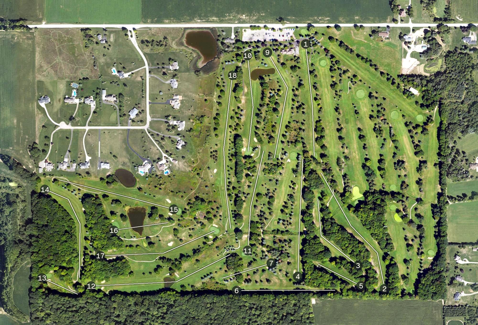 Aerial view of Briarwood Golf Club, MI, with its hole routing marked
