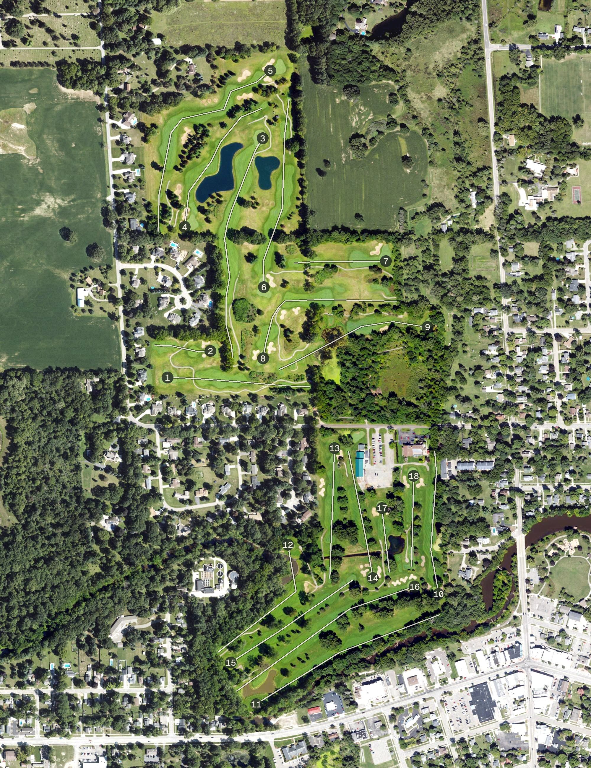 Aerial view of Brookshire Golf Club, MI, with its hole routing marked