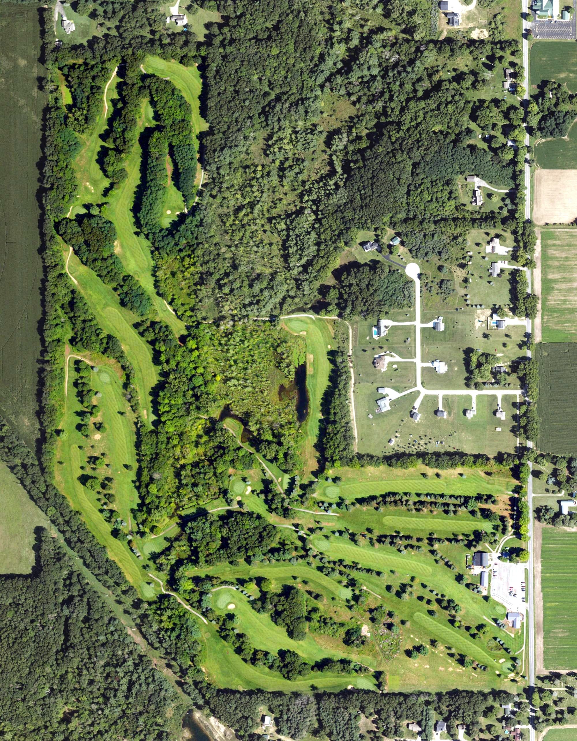 Aerial view of Brookside Golf and Grill, MI, with its hole routing marked