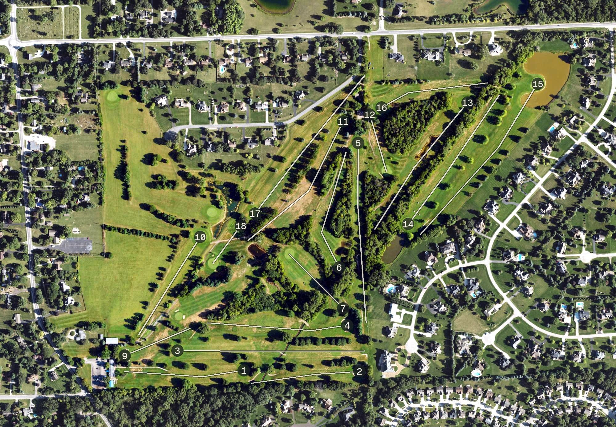 Aerial view of Brookside Golf Course, MI, with its hole routing marked