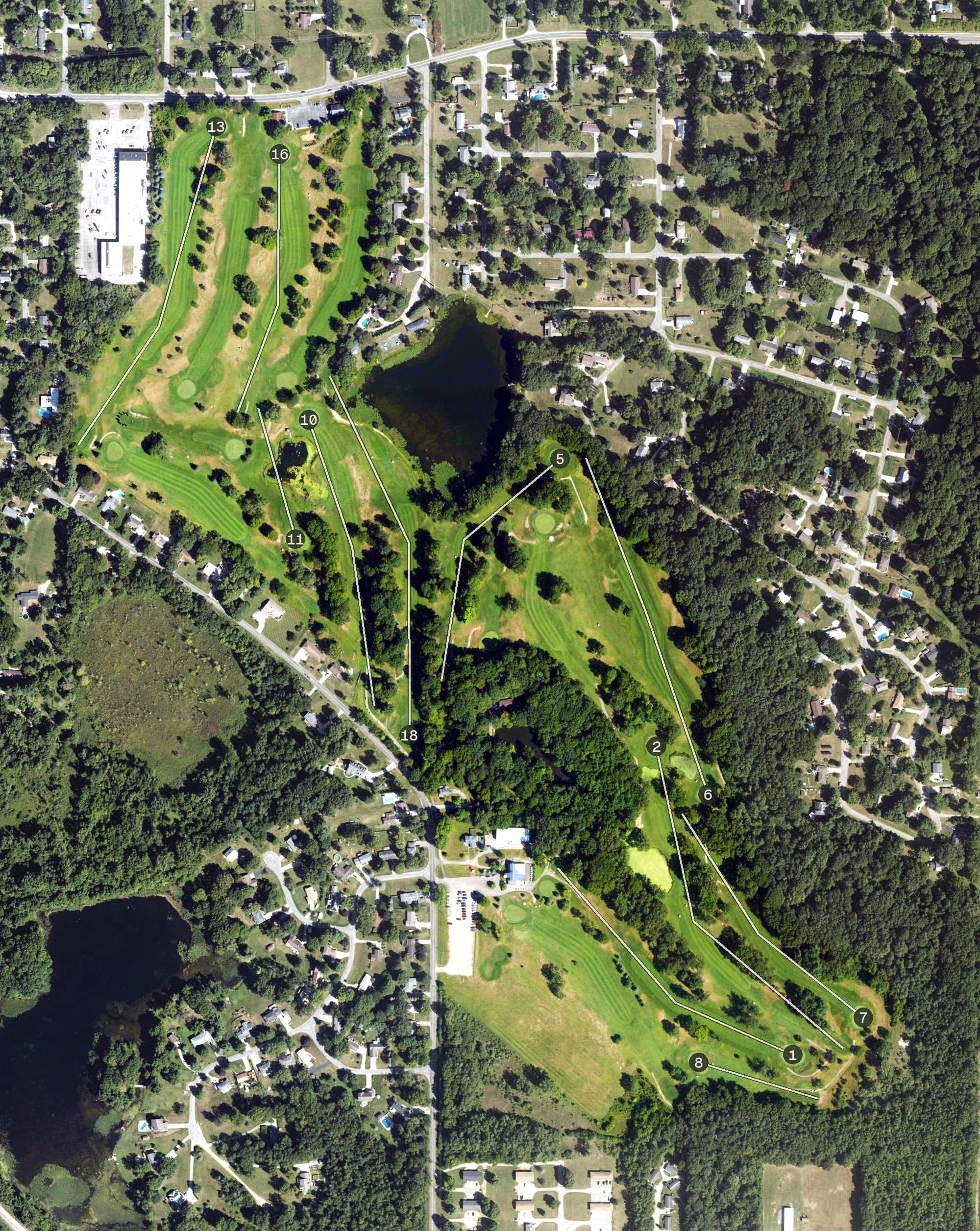 Aerial view of Brookwood Golf Course, MI, with its hole routing marked